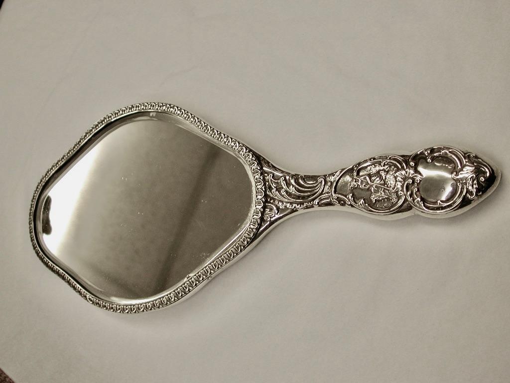 Rococo Revival Antique Victorian Silver Embossed Hand Mirror Dated 1898 London William Comyns For Sale