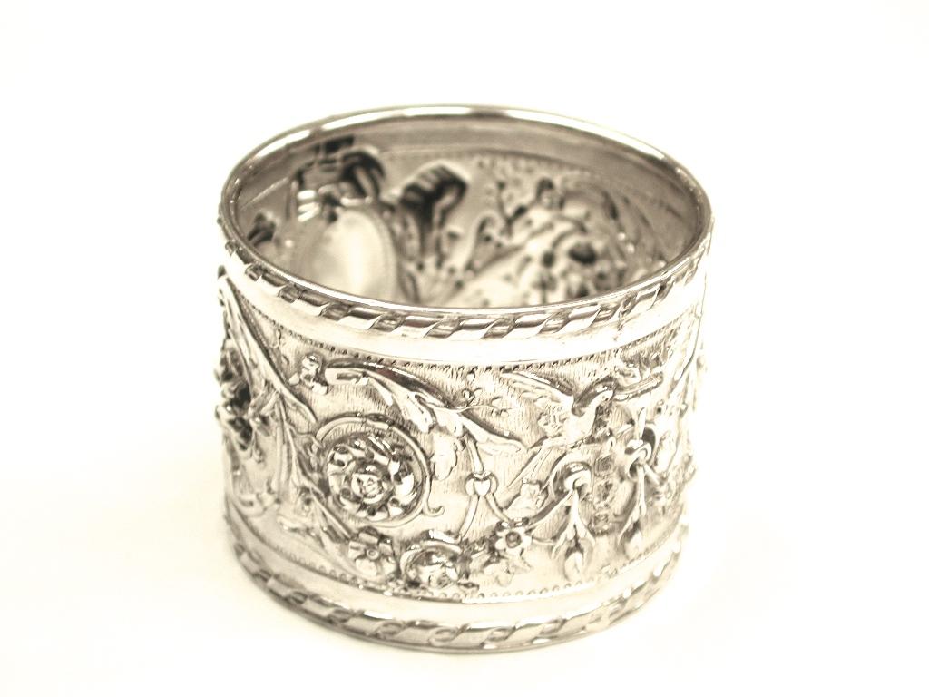 Rococo Revival Antique Victorian Silver Embossed Napkin Ring, 1899, by Henry Atkins