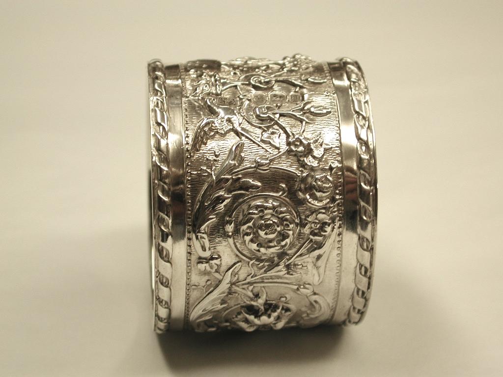 European Antique Victorian Silver Embossed Napkin Ring, 1899, by Henry Atkins