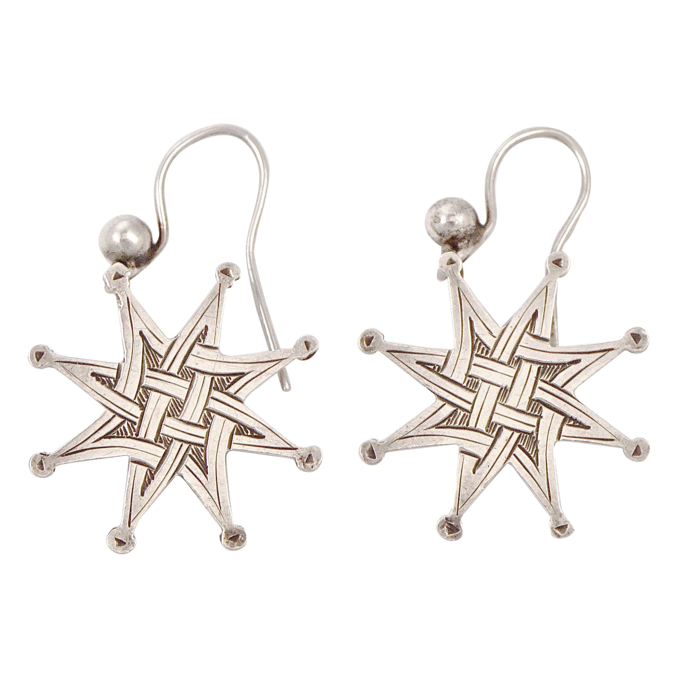 Antique Victorian Silver Engraved Celtic Design Star Drop Earrings