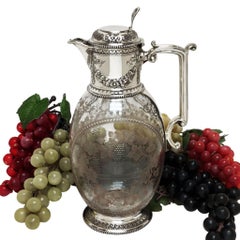 Antique Victorian Silver & Etched Glass Claret Jug Wine Decanter London 1878