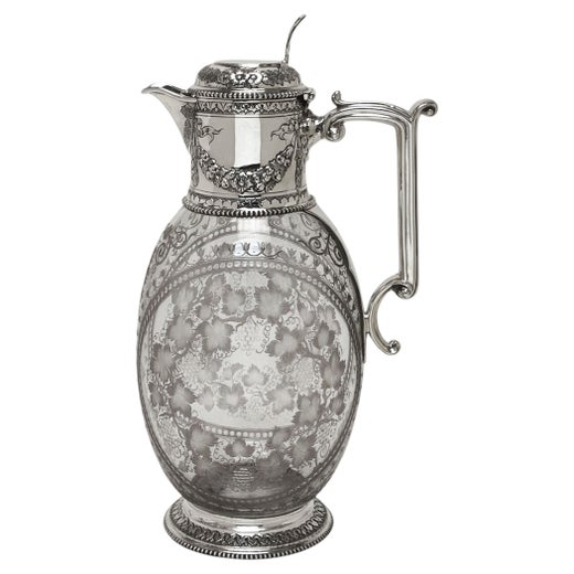 Antique Victorian Silver & Etched Glass Claret Jug Wine Decanter London 1878