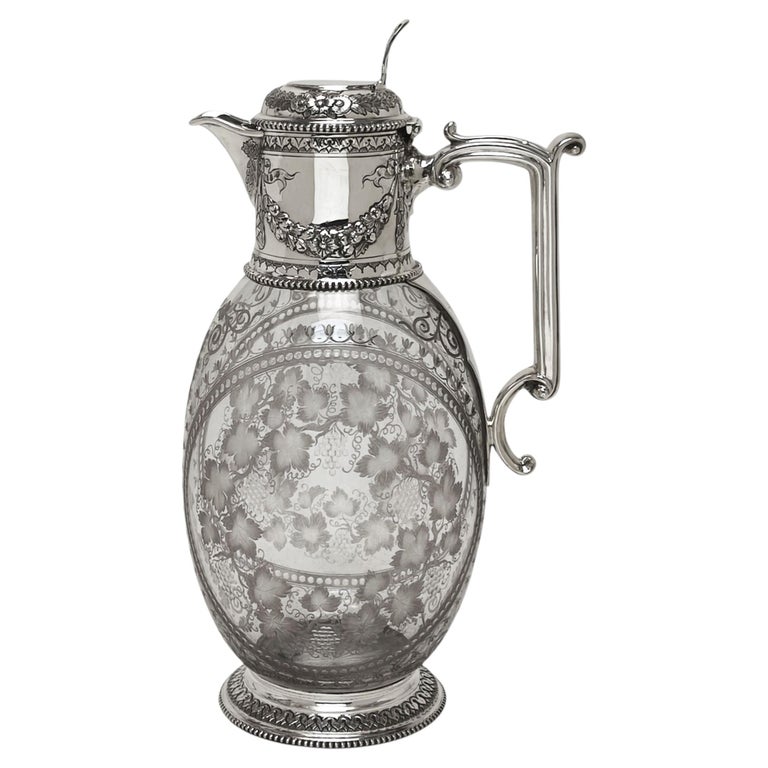 Antique Victorian Silver & Etched Glass Claret Jug Wine Decanter London 1878