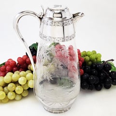 Antique Victorian Silver & Etched Glass Fox Hunting Claret Jug Wine Ewer 1887
