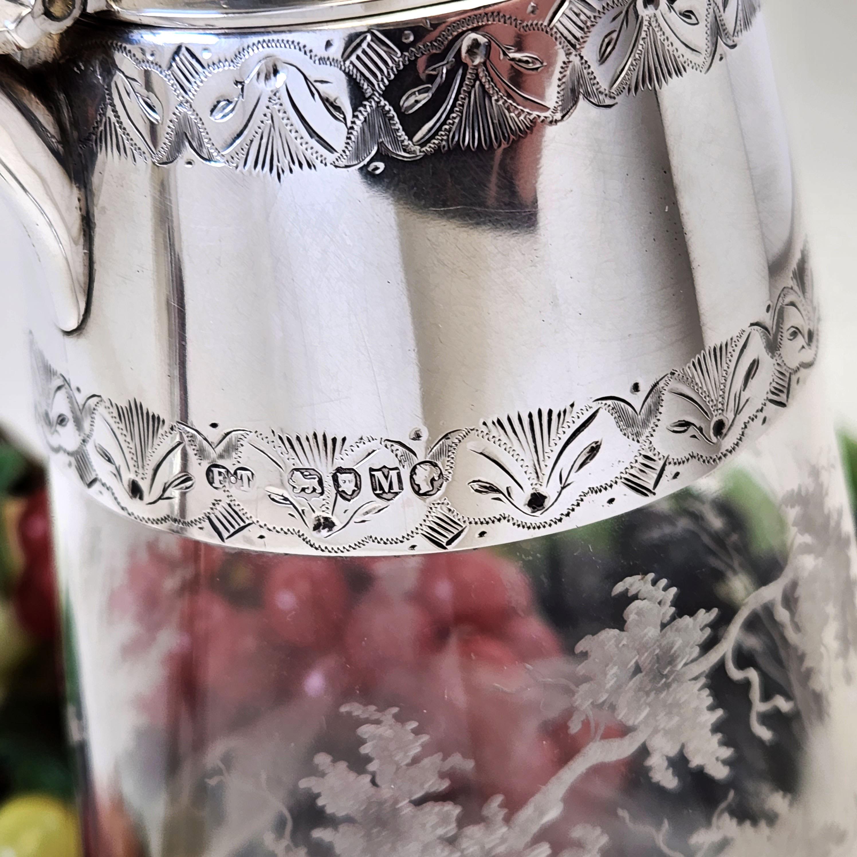 Antike viktorianische Weinkanne aus Silber und geätztem Glas mit Fuchs auf der Jagd, Claret-Krug, Weinkanne 1887  (19. Jahrhundert) im Angebot