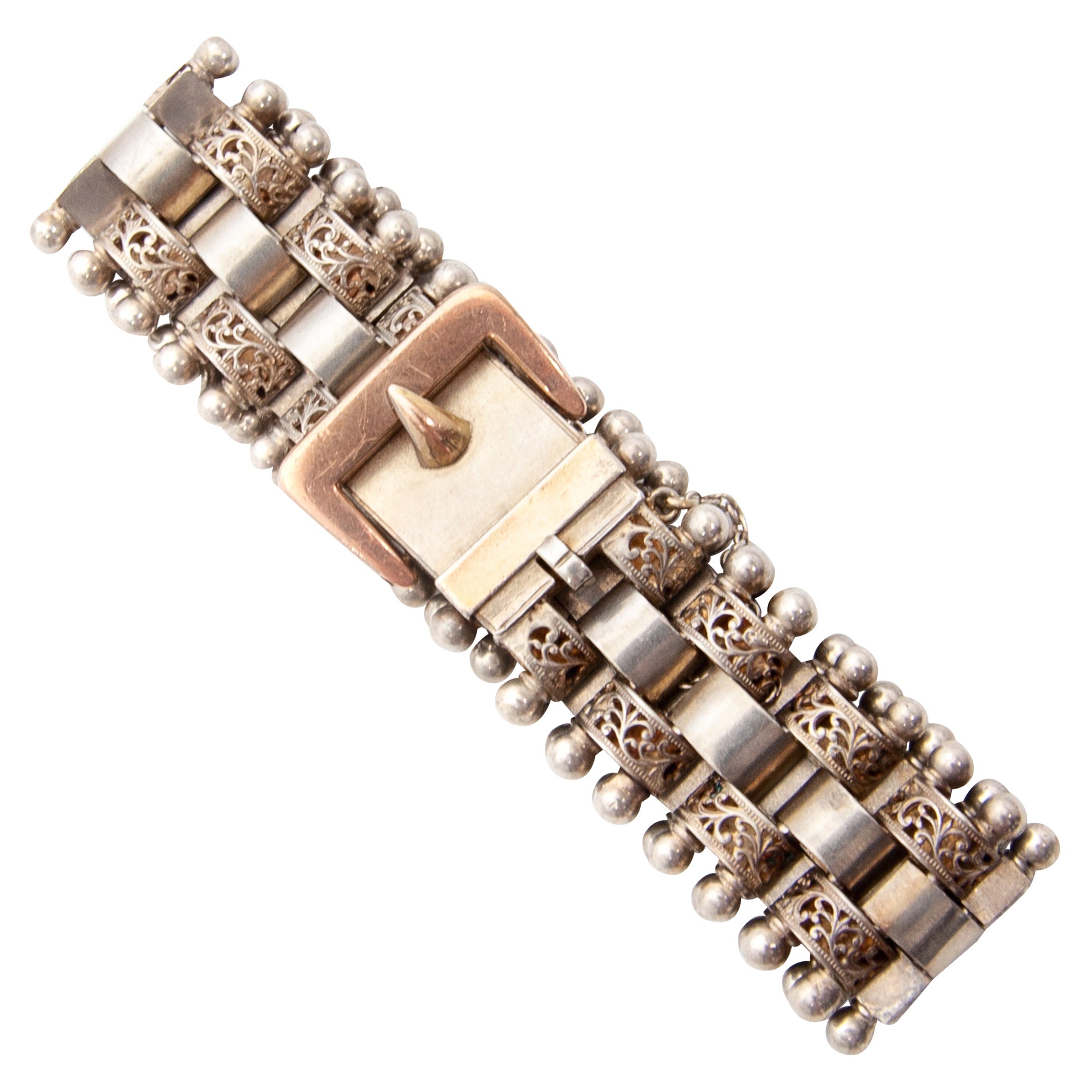 Antiguo brazalete victoriano de eslabones con hebilla de plata dorada y oro rosa en venta 3