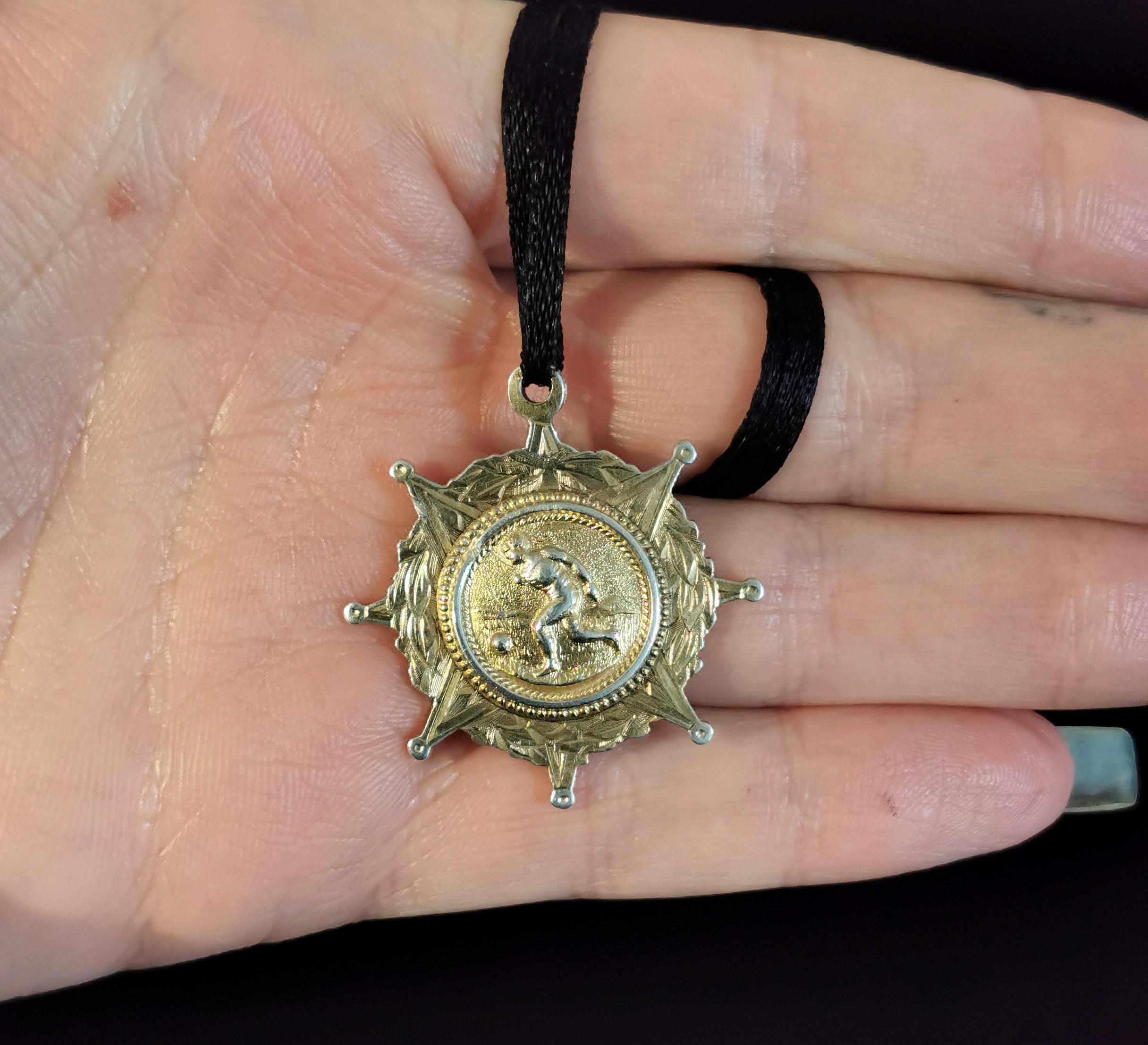 Antique Victorian Silver Gilt Fob Medal, Pendant, Football In Fair Condition In NEWARK, GB