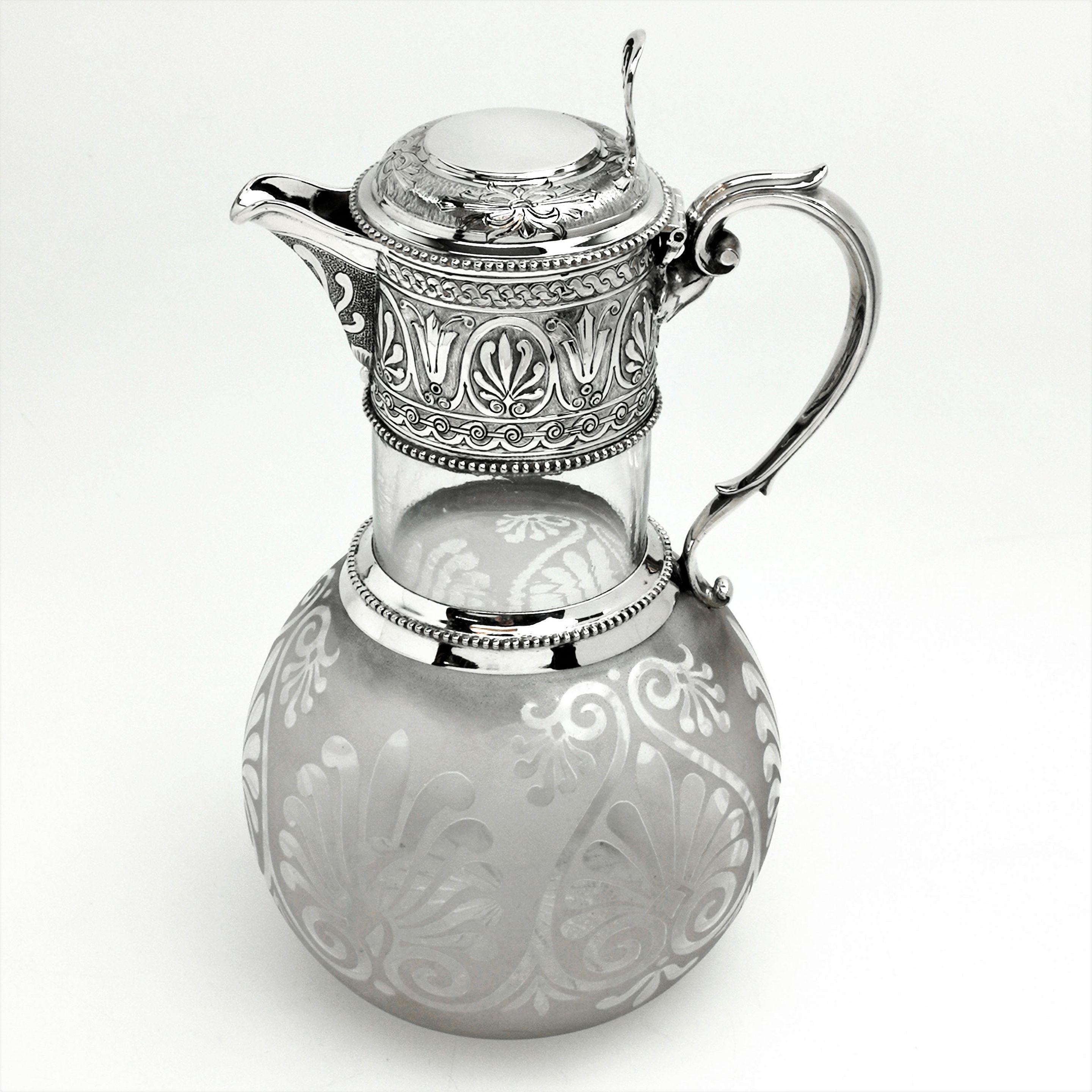 English Antique Victorian Silver and Glass Claret Jug / Wine Jug, 1864