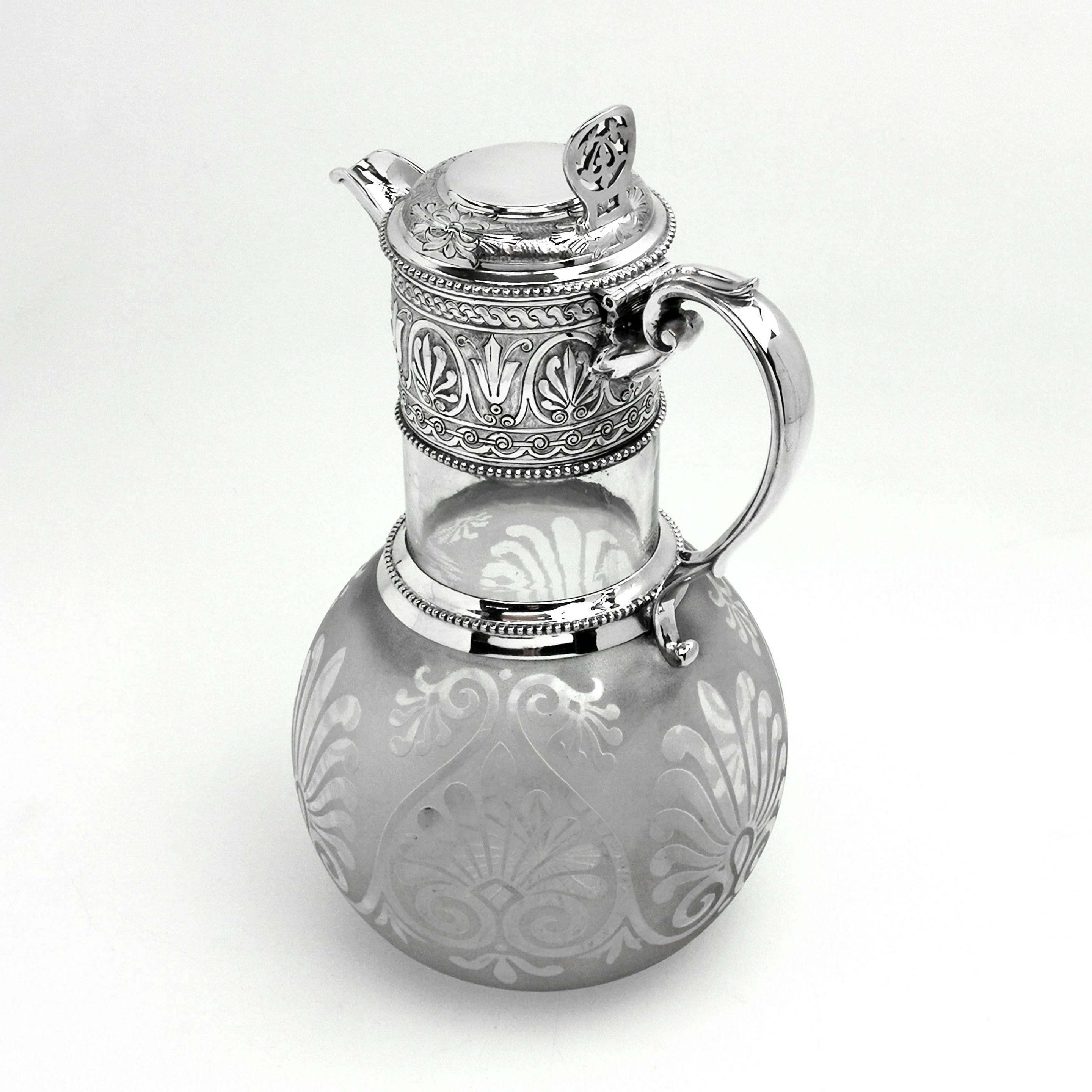 Antique Victorian Silver and Glass Claret Jug / Wine Jug, 1864 In Good Condition In London, GB