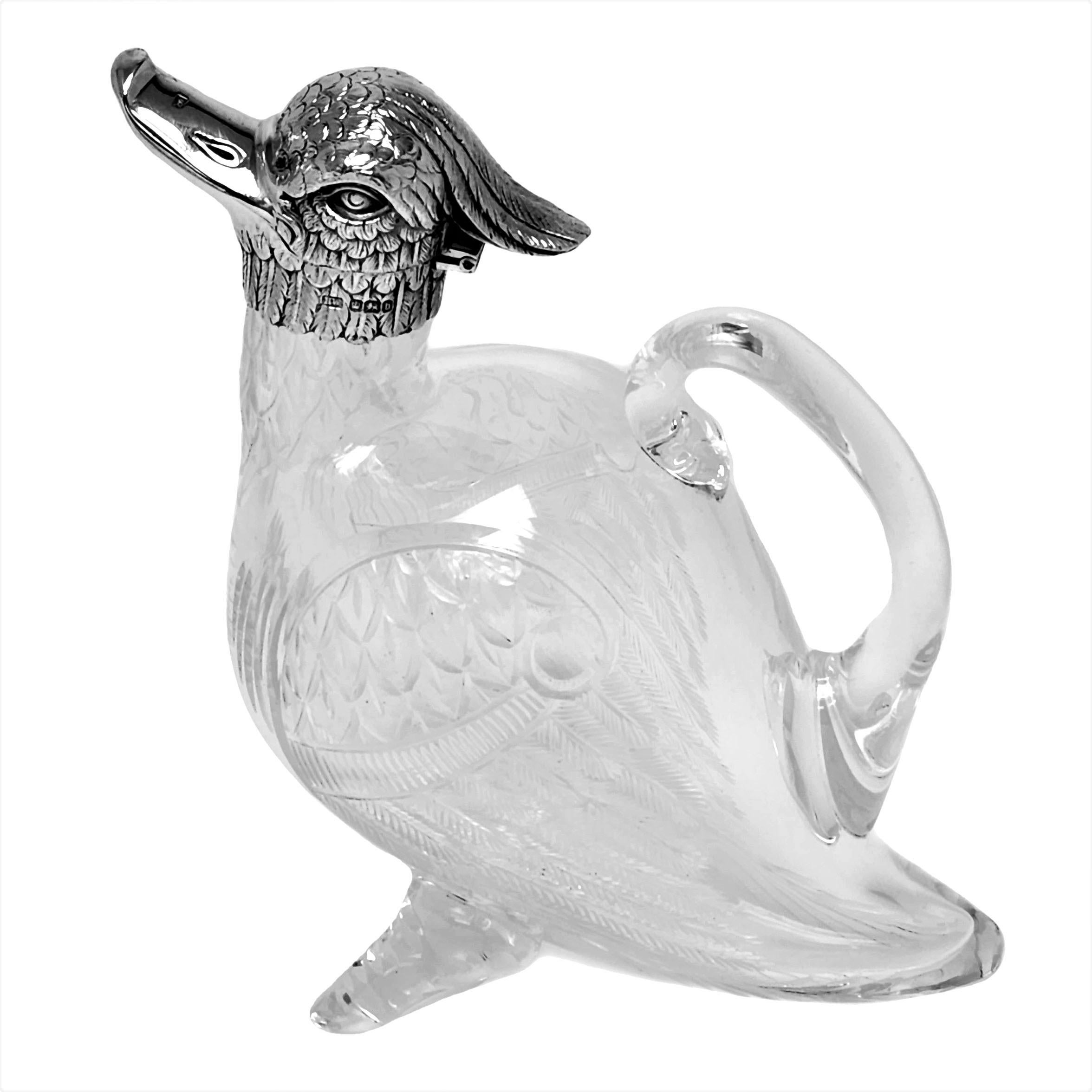 English Antique Victorian Silver & Glass Duck Decanter 1894 Wine Jug