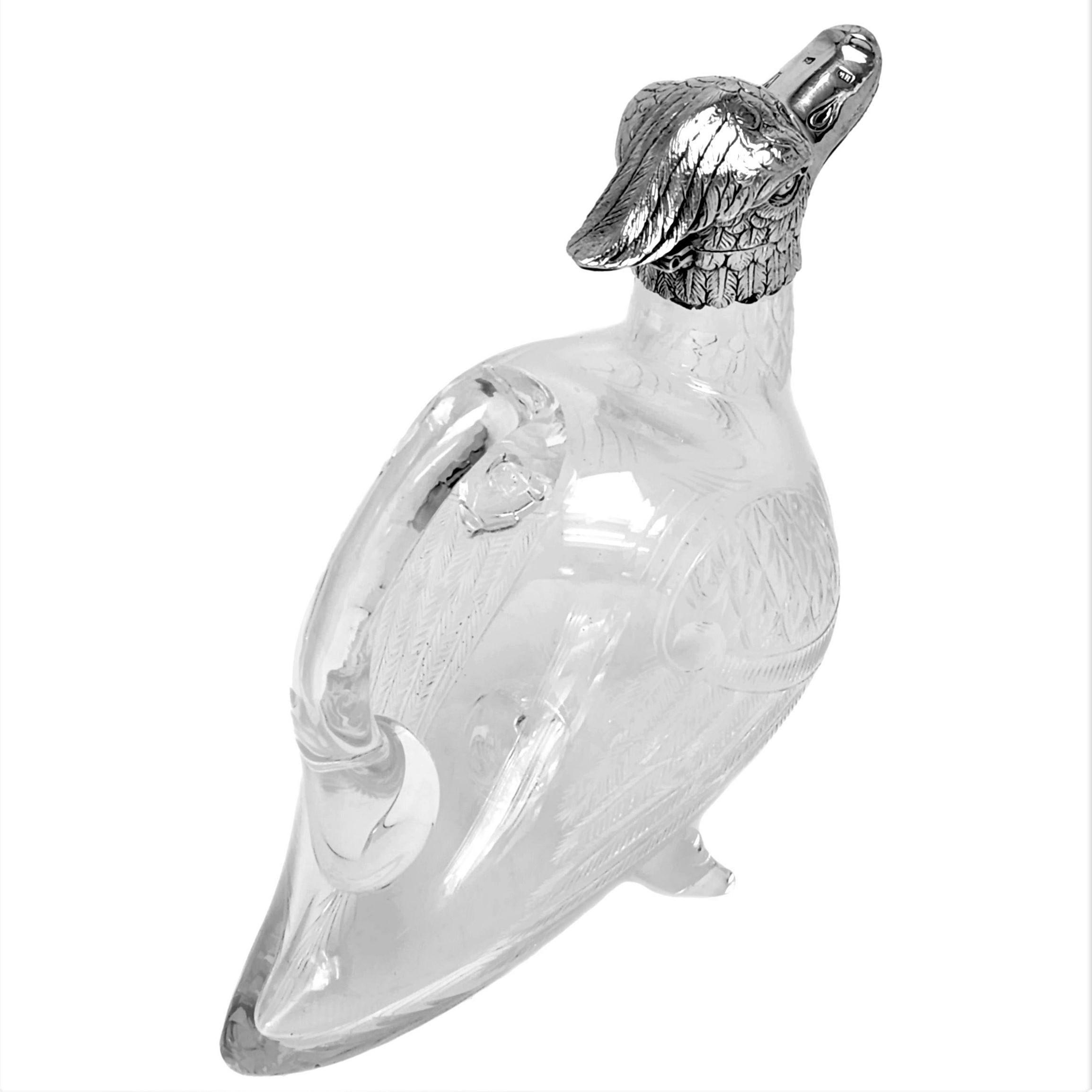 19th Century Antique Victorian Silver & Glass Duck Decanter 1894 Wine Jug