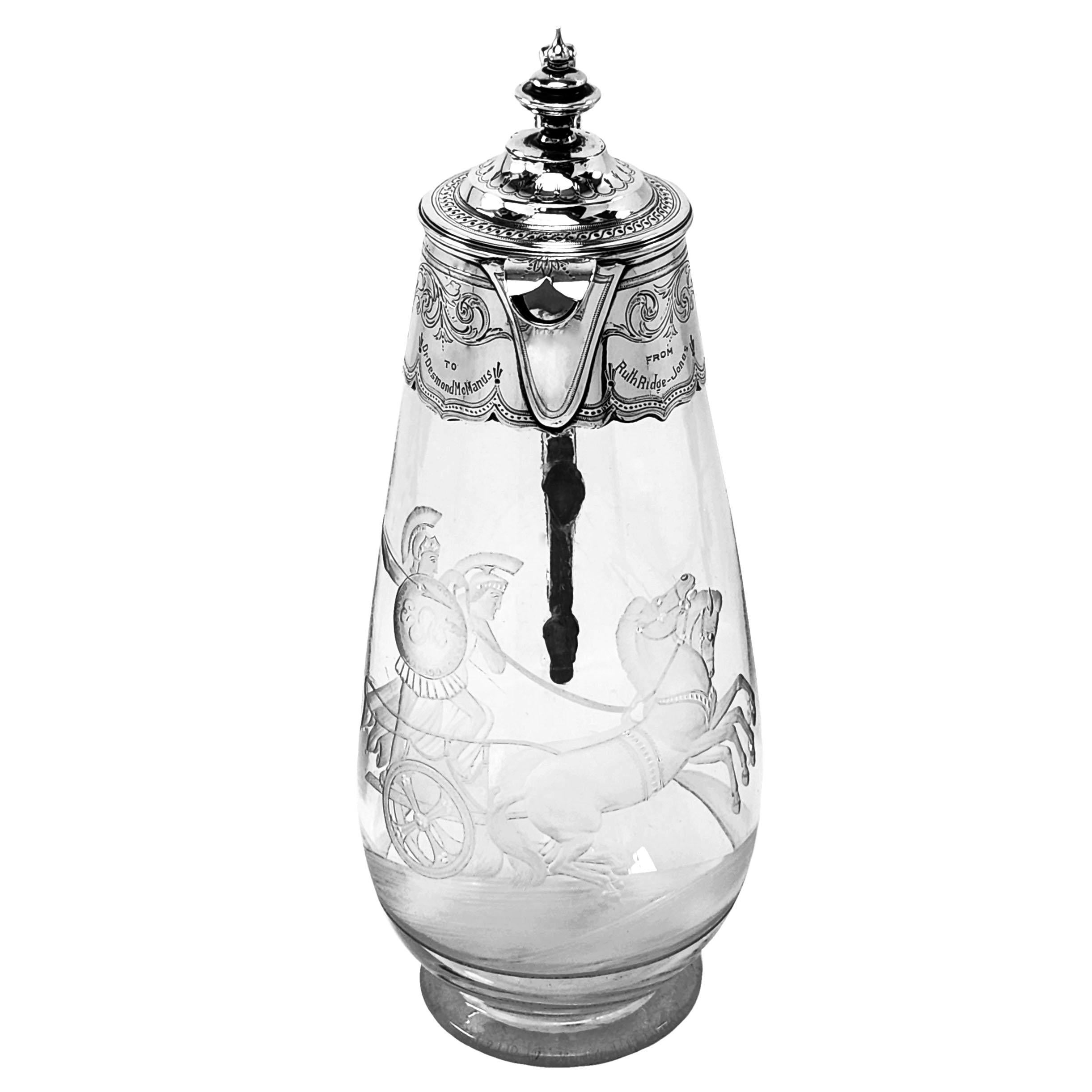 Sterling Silver Antique Victorian Silver & Glass Engraved Claret Jug Wine Ewer England 1881