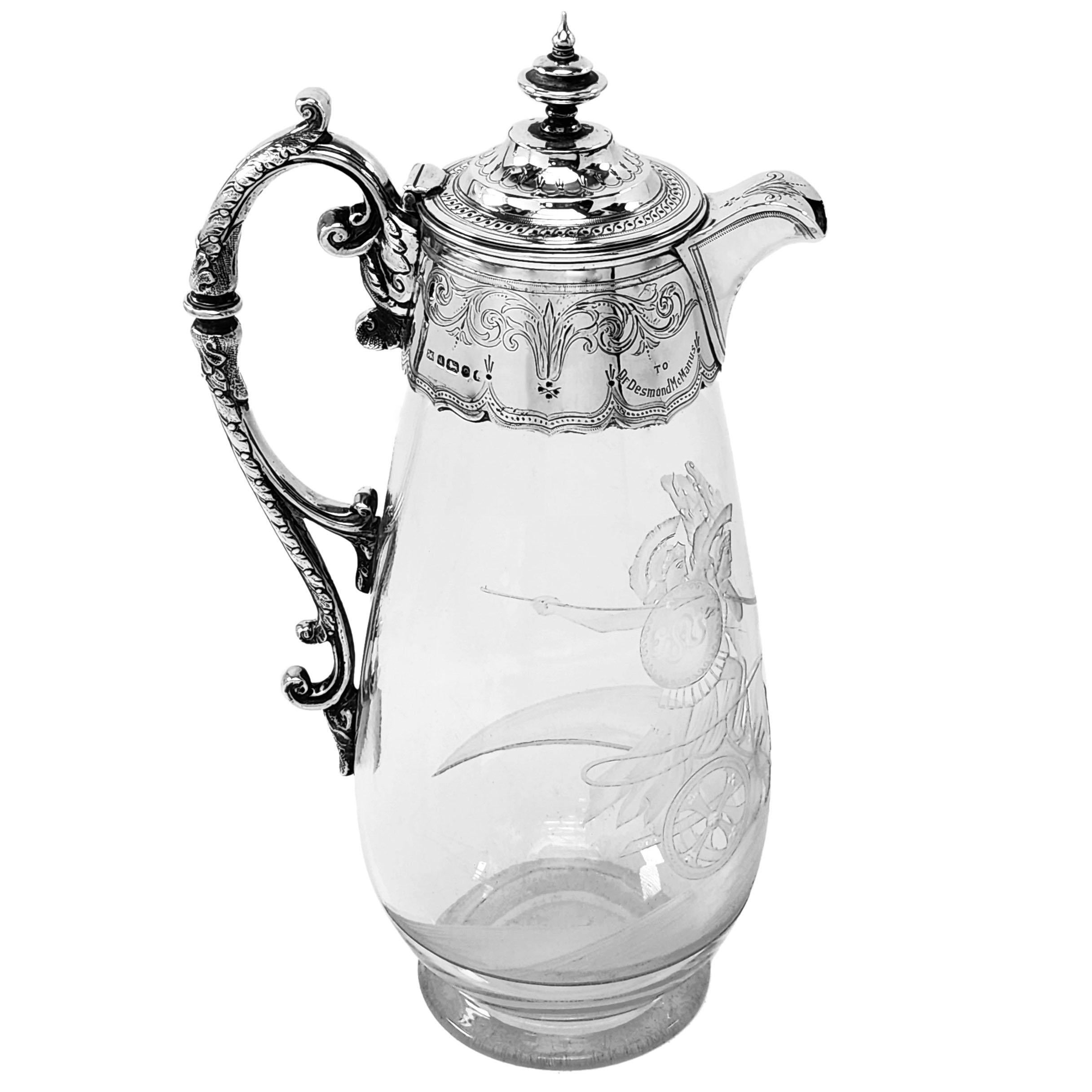 Antike viktorianische, gravierte Claret-Krug-Weinkanne aus Silber und Glas, England 1881  im Angebot 2