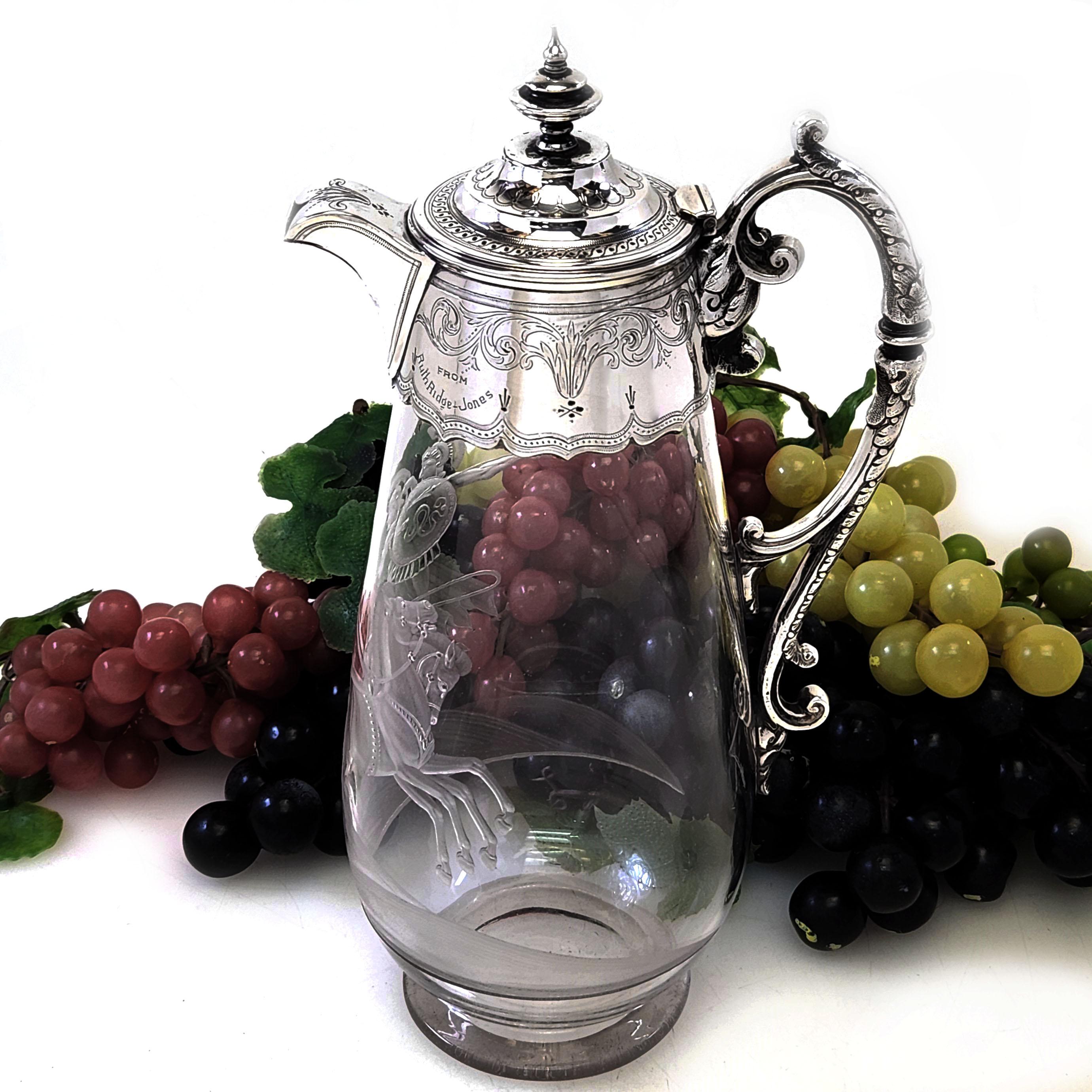 Late 19th Century Antique Victorian Silver & Glass Engraved Claret Jug Wine Ewer England 1881  For Sale