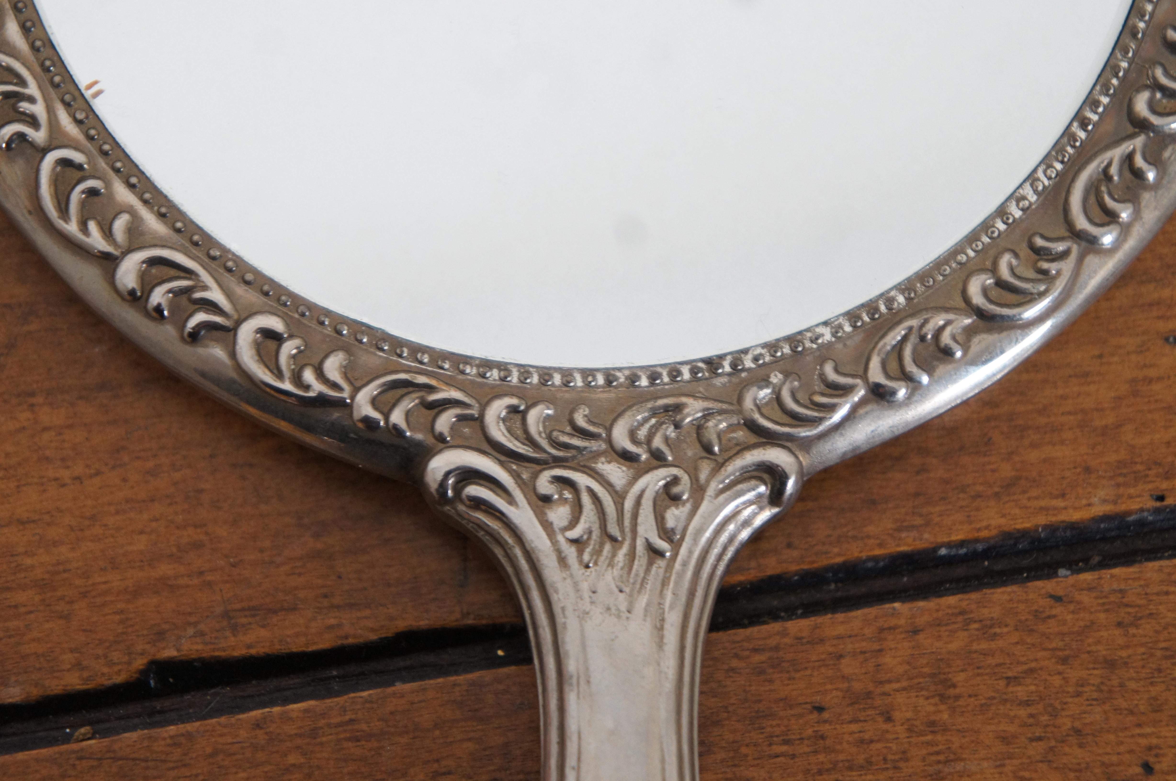 19th Century Antique Victorian Silver & Glass Hand Mirror Ornate Repousse Foliate