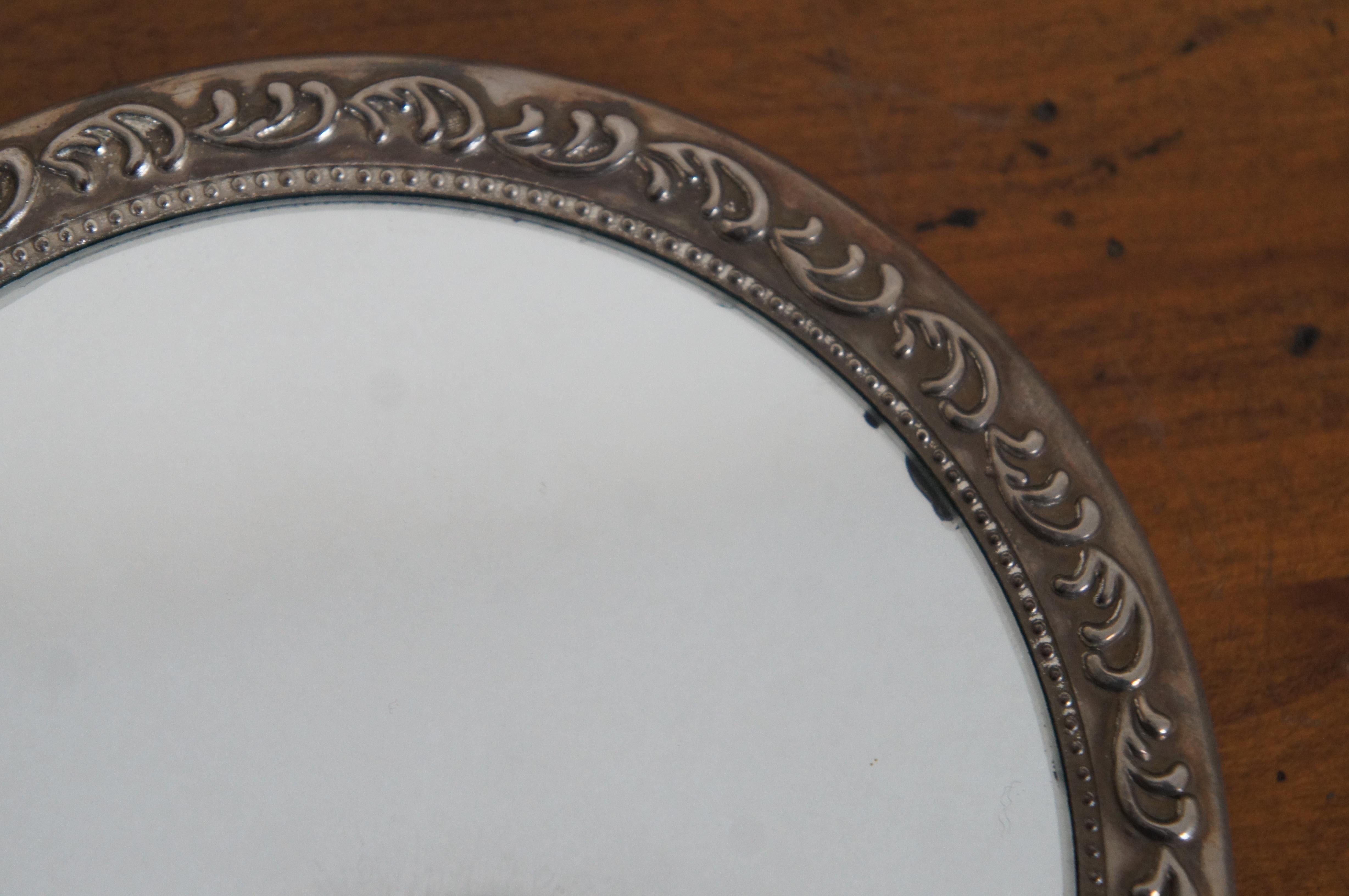 Metal Antique Victorian Silver & Glass Hand Mirror Ornate Repousse Foliate