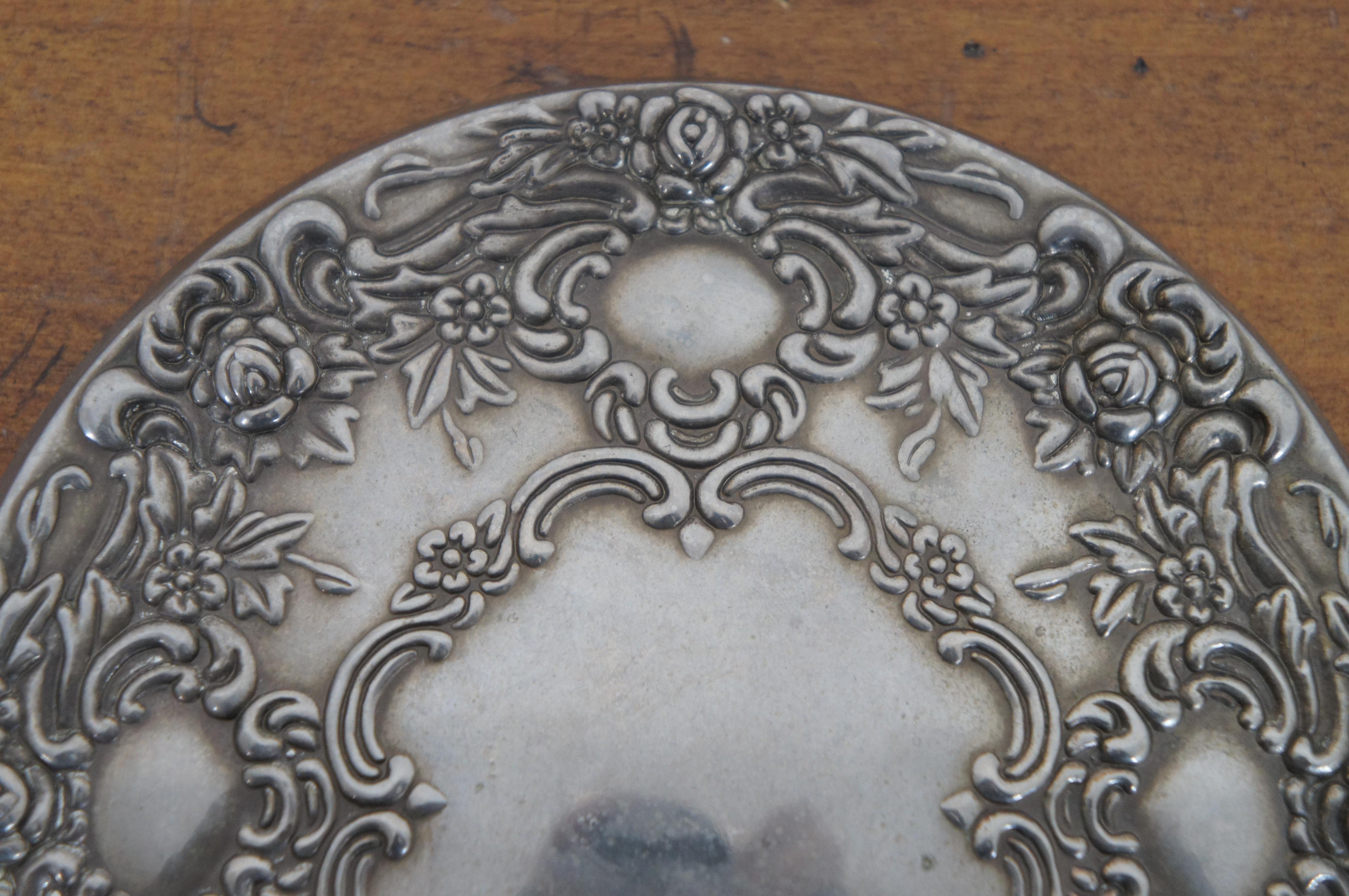 Antique Victorian Silver & Glass Hand Mirror Ornate Repousse Foliate 1