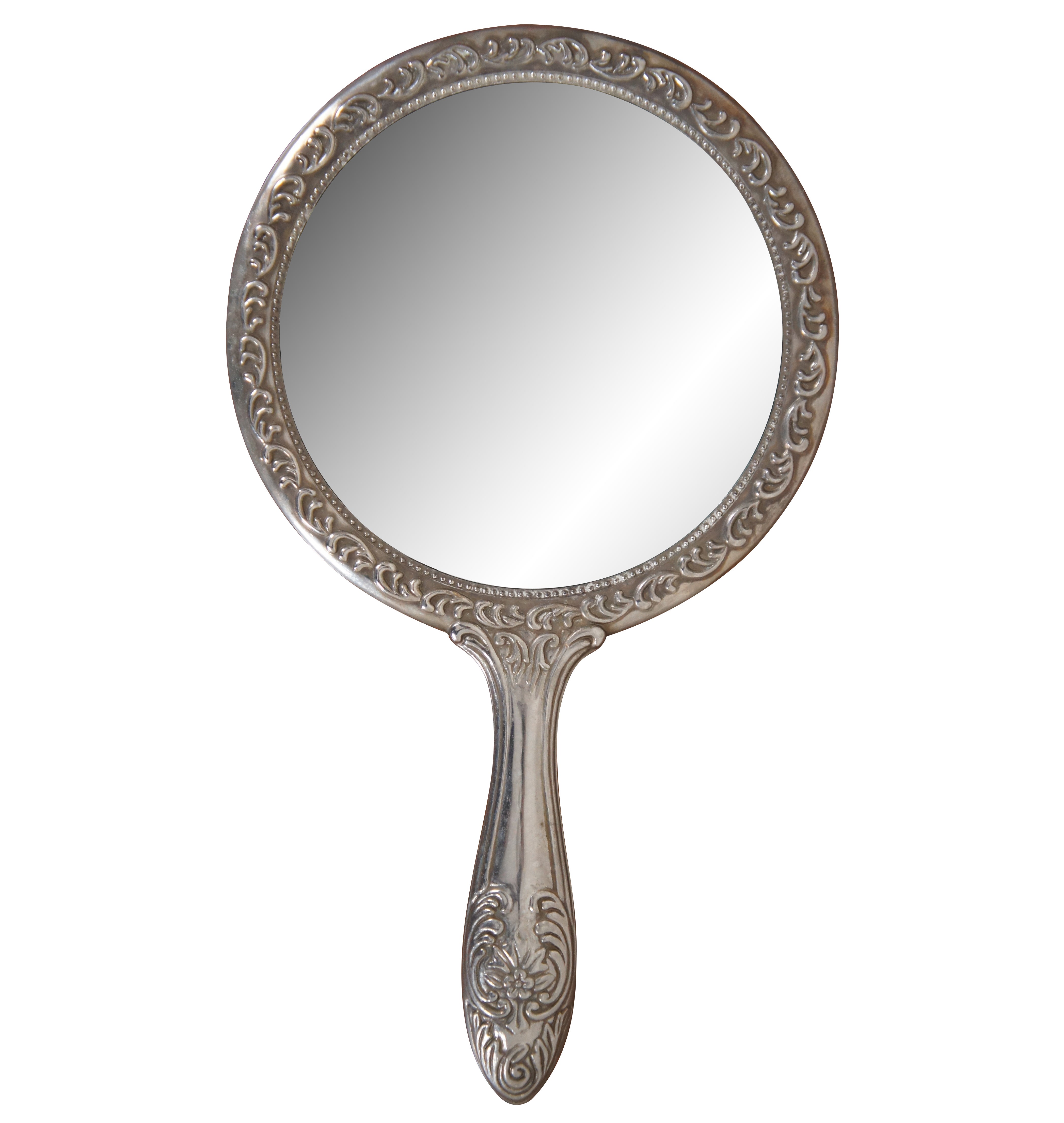 Antique Victorian Silver & Glass Hand Mirror Ornate Repousse Foliate