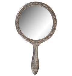 Antique Victorian Silver & Glass Hand Mirror Ornate Repousse Foliate