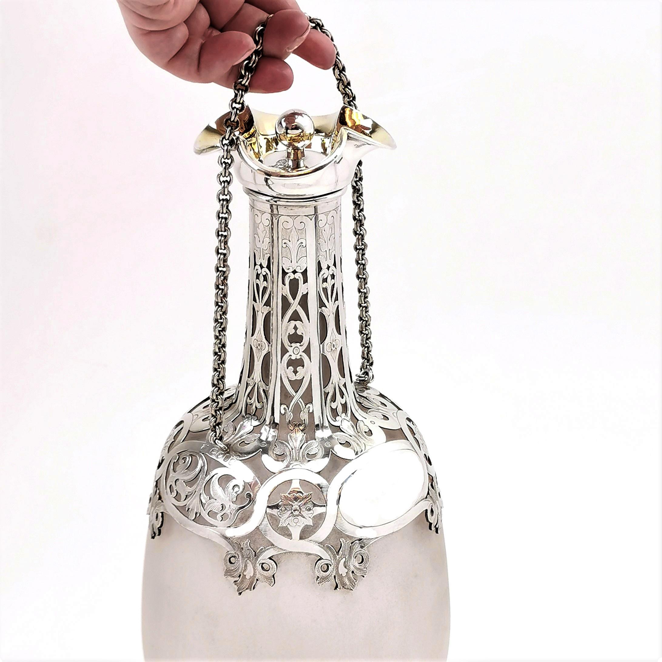 English Antique Victorian Silver and Glass 'Pilgrims Flask' Decanter 1859 Wine Whisky