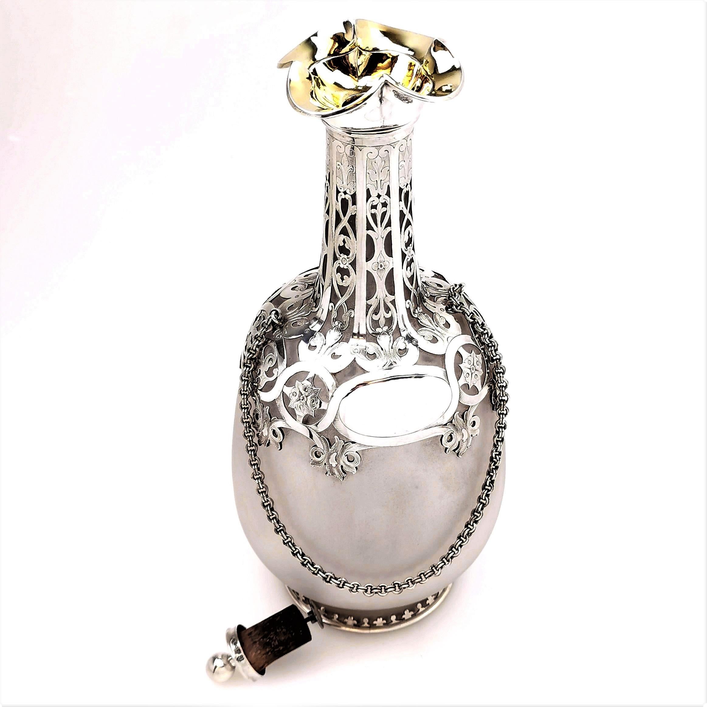 19th Century Antique Victorian Silver and Glass 'Pilgrims Flask' Decanter 1859 Wine Whisky