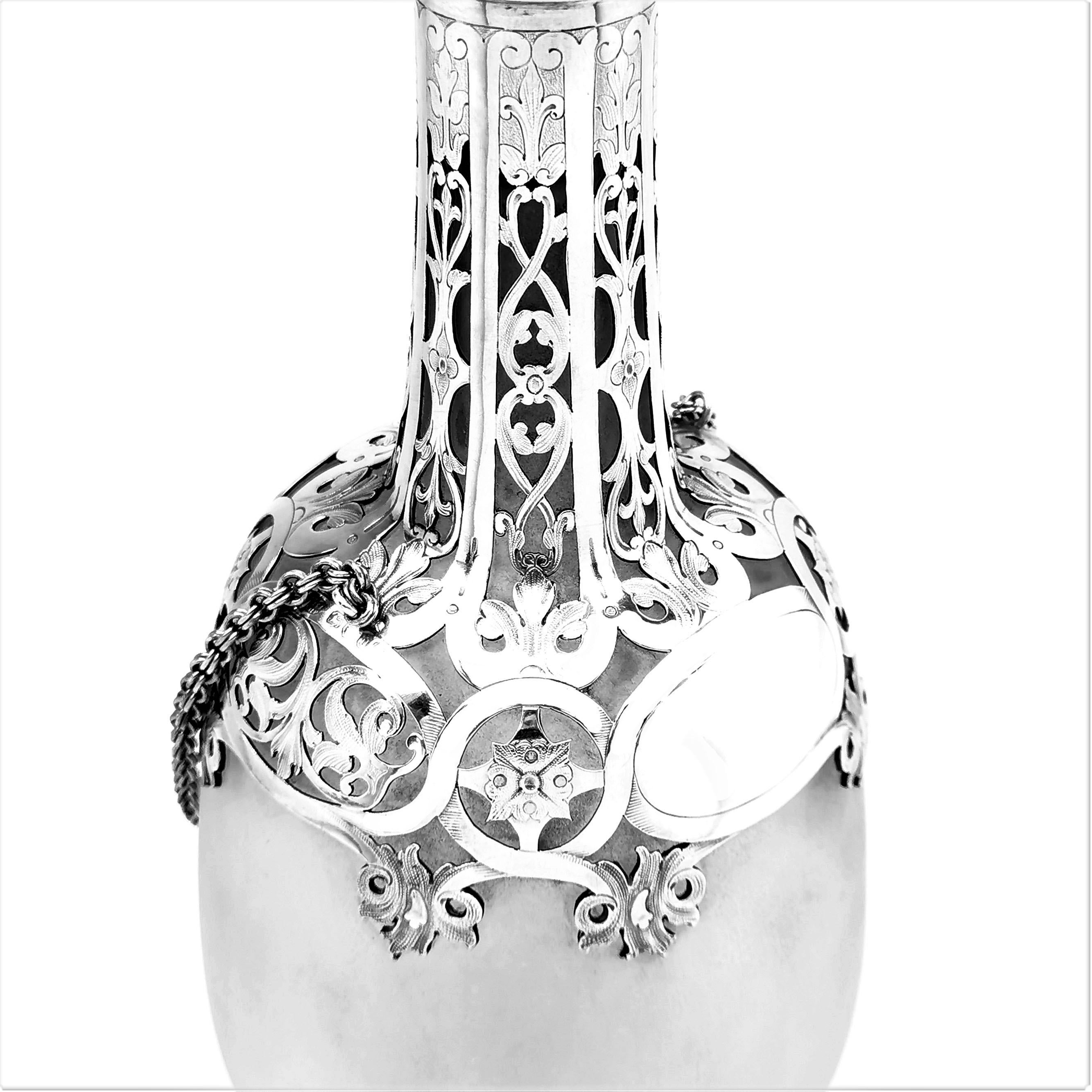 Antique Victorian Silver and Glass 'Pilgrims Flask' Decanter 1859 Wine Whisky 1