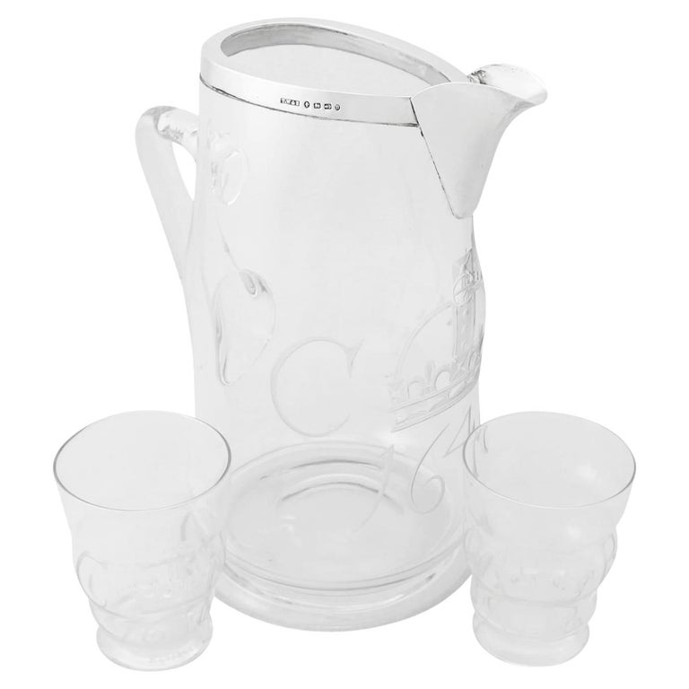 Antique Victorian Silver and Glass Water Jug with Matching Pair of