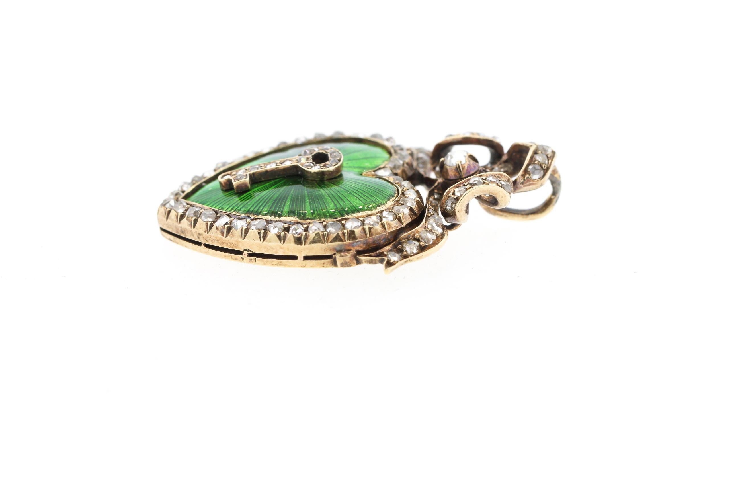 Women's or Men's Antique Victorian Silver Gold Diamond Guilloche Green Enamel Heart Pendant