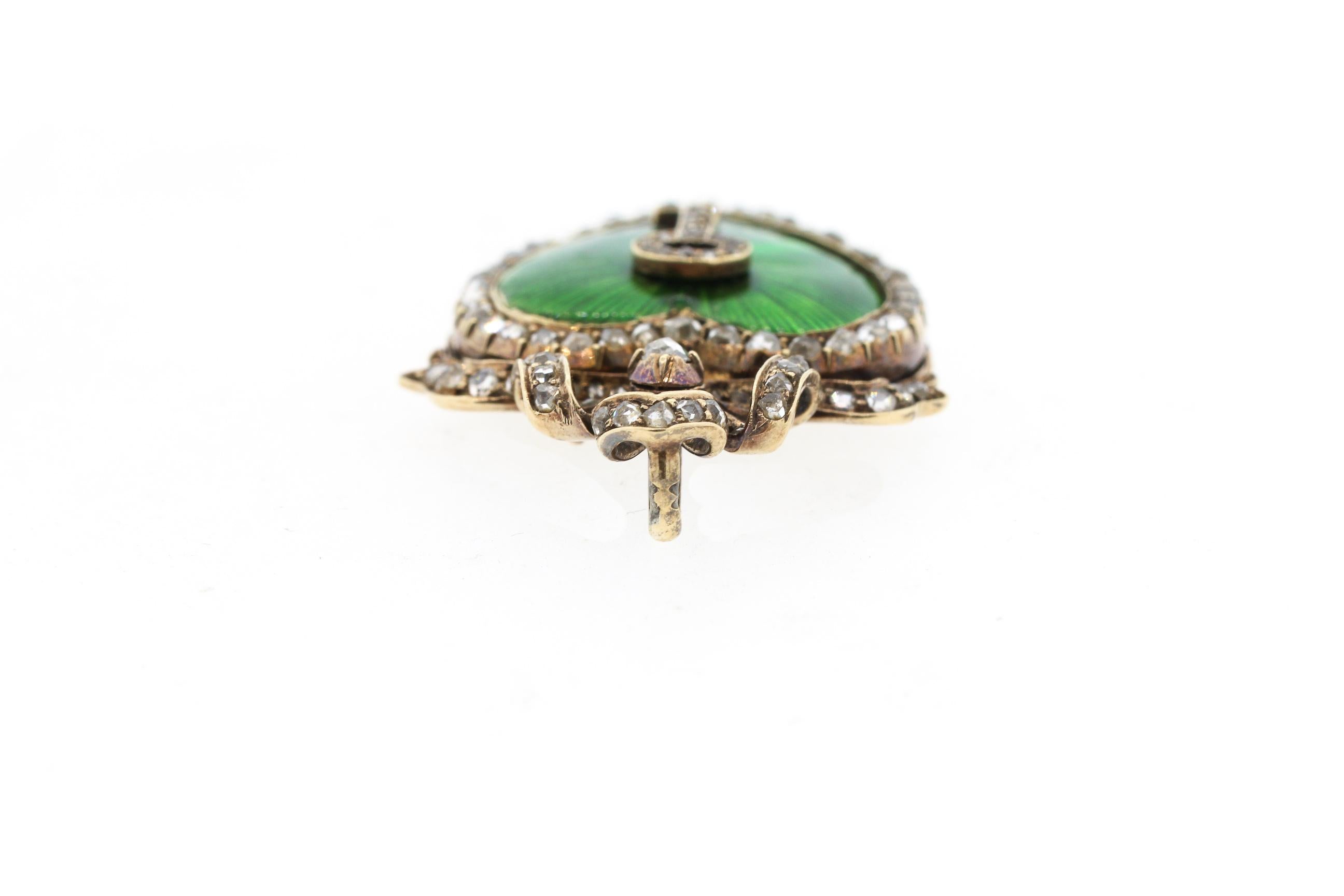 Antique Victorian Silver Gold Diamond Guilloche Green Enamel Heart Pendant 1