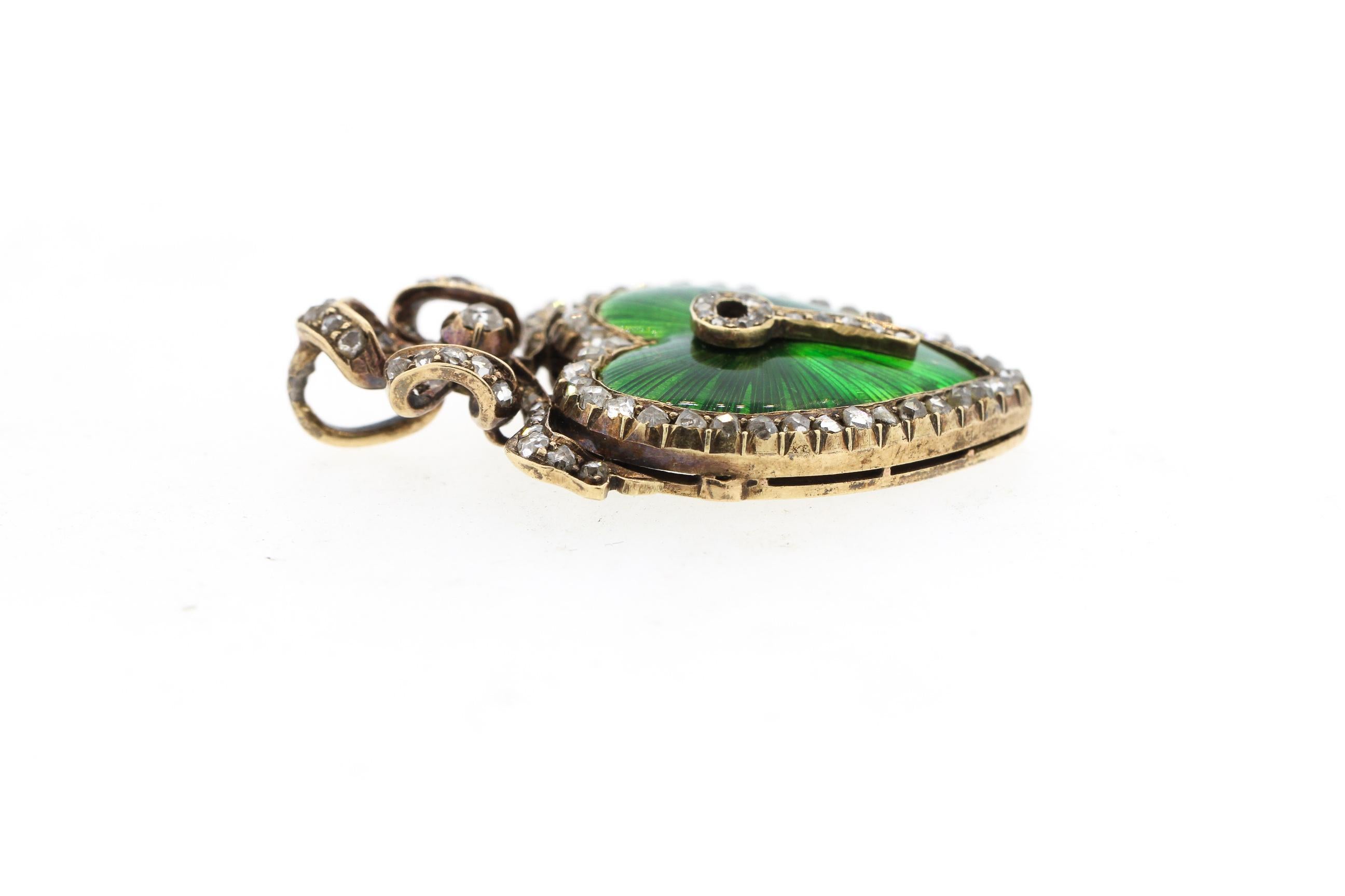 Antique Victorian Silver Gold Diamond Guilloche Green Enamel Heart Pendant 2