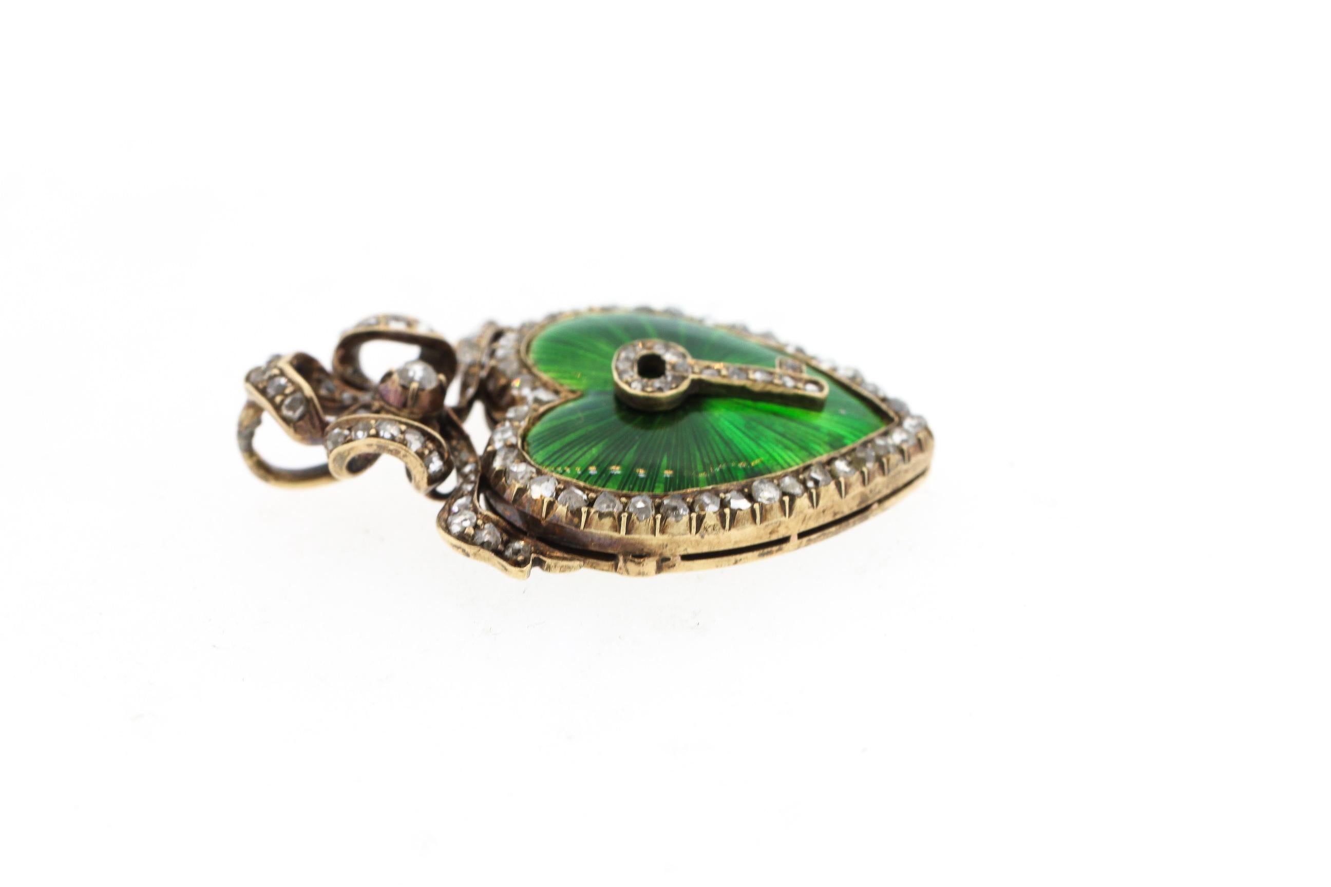 Antique Victorian Silver Gold Diamond Guilloche Green Enamel Heart Pendant 3