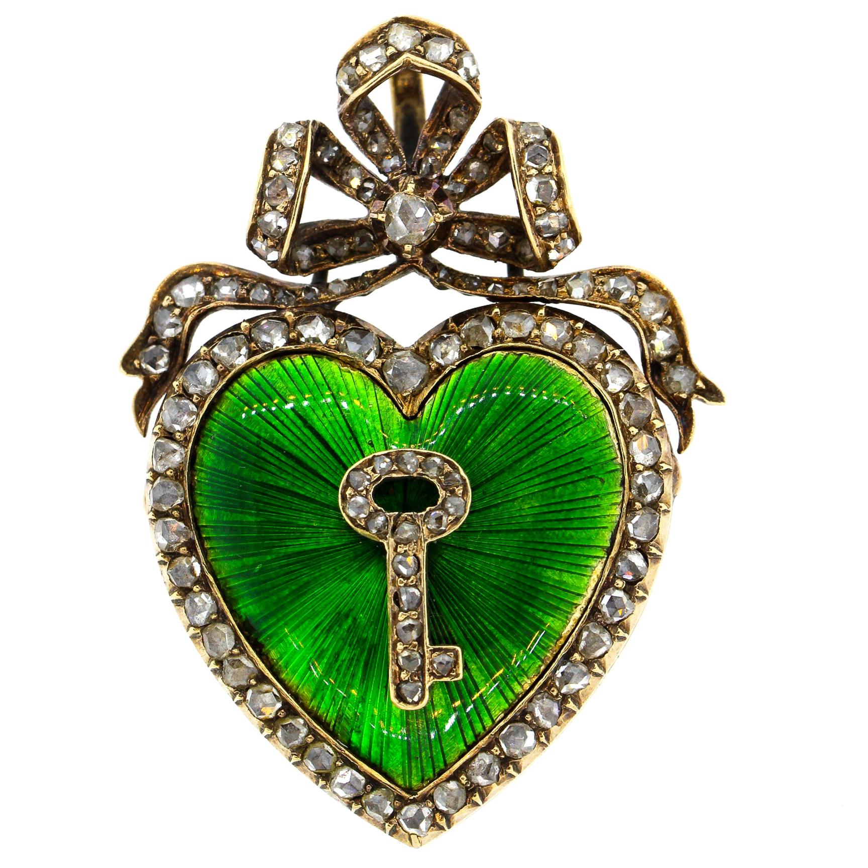 Antique Victorian Silver Gold Diamond Guilloche Green Enamel Heart Pendant