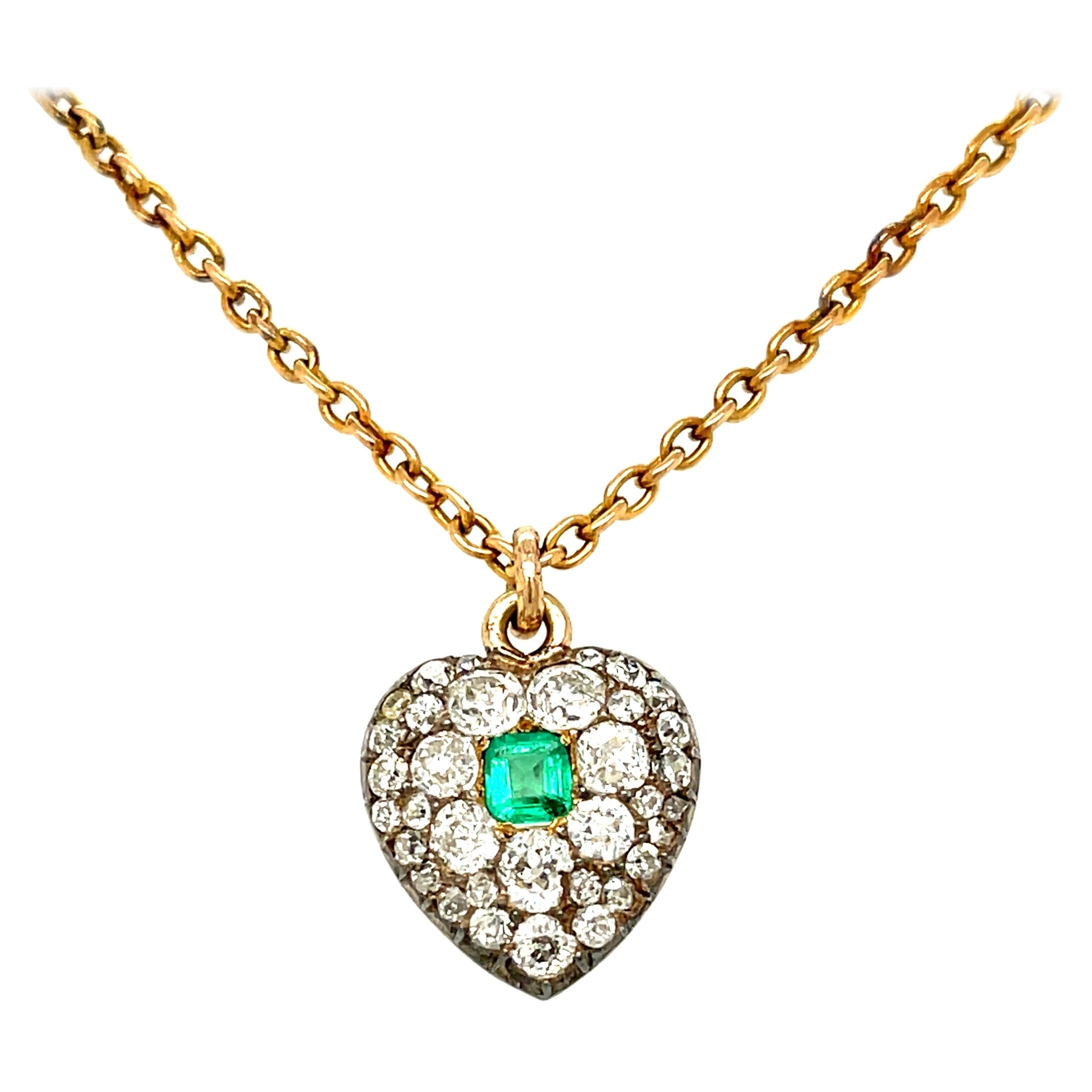 Antique Victorian Silver Gold Old Cut Diamond Emerald Heart Pendant Necklace