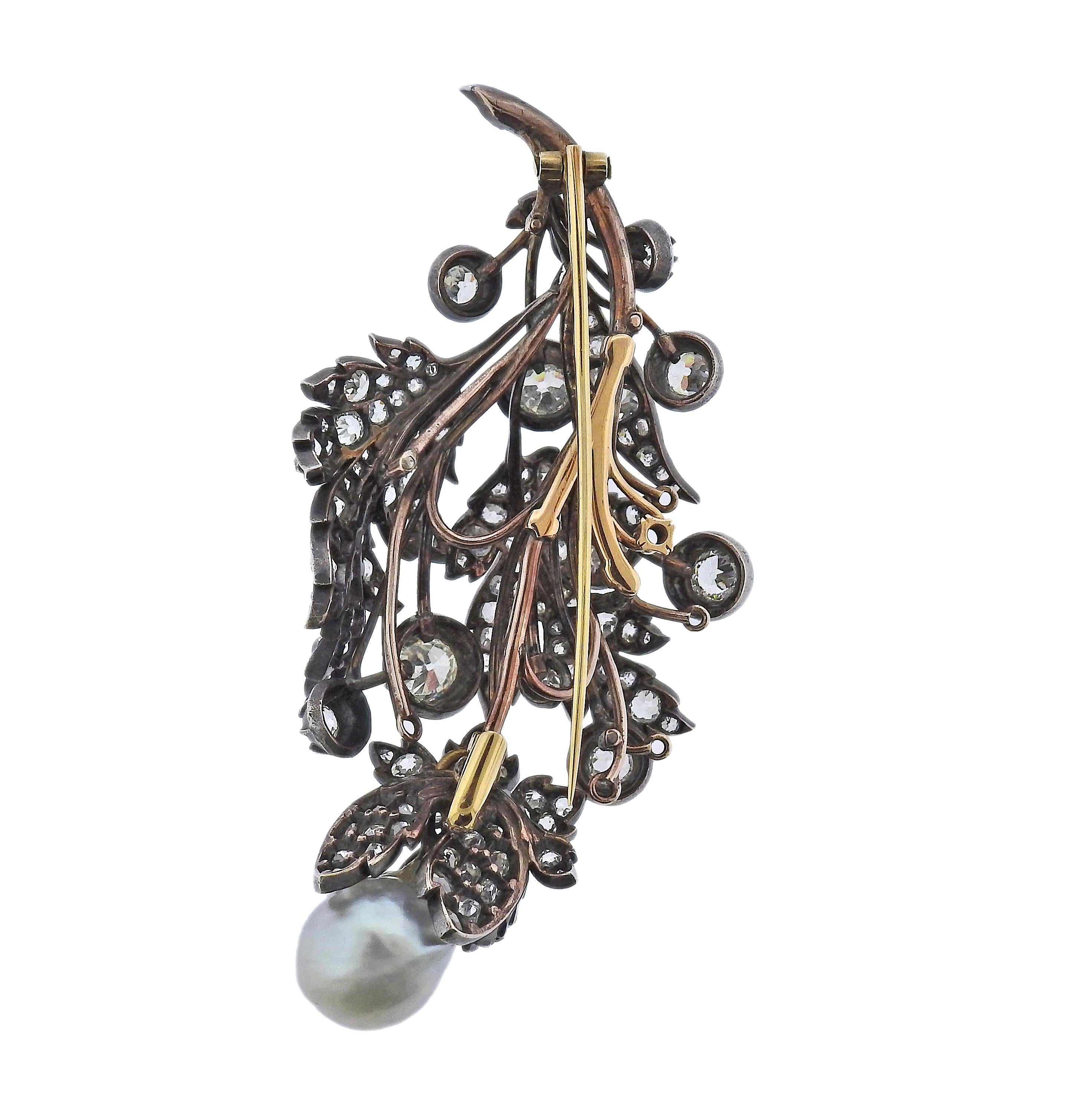 Victorien Grande broche victorienne ancienne en argent et or avec perles des mers du Sud et diamants en vente