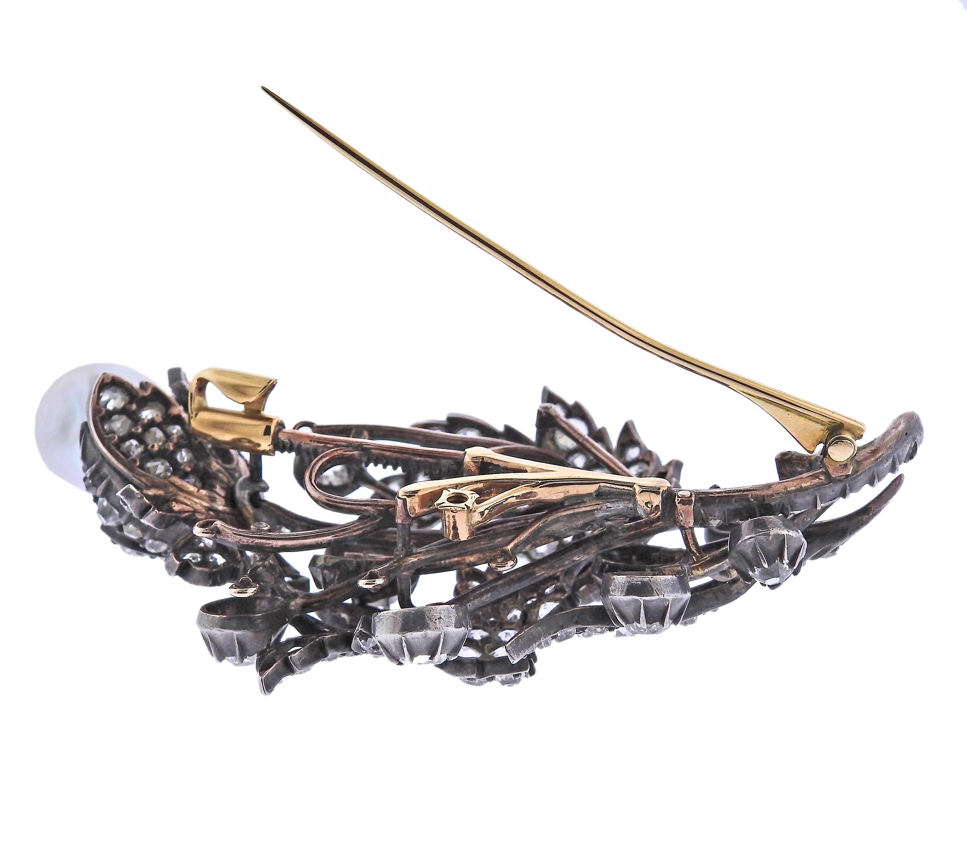 Antike viktorianische Silber-Gold-Brosche mit Südseeperlen und Diamanten (Alteuropäischer Brillantschliff) im Angebot