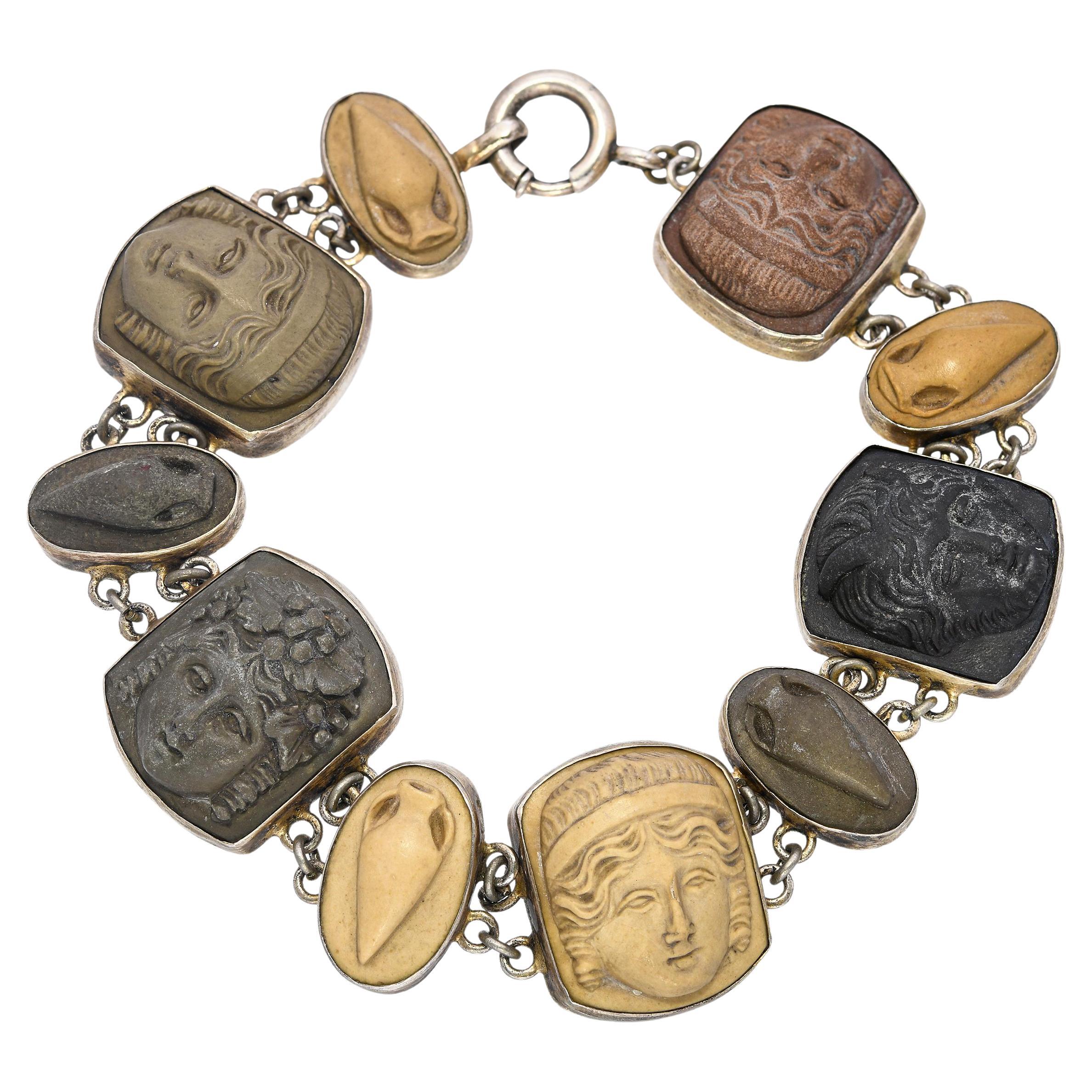 Antique Victorian Silver Grand Tour Lava Cameo Bracelet For Sale