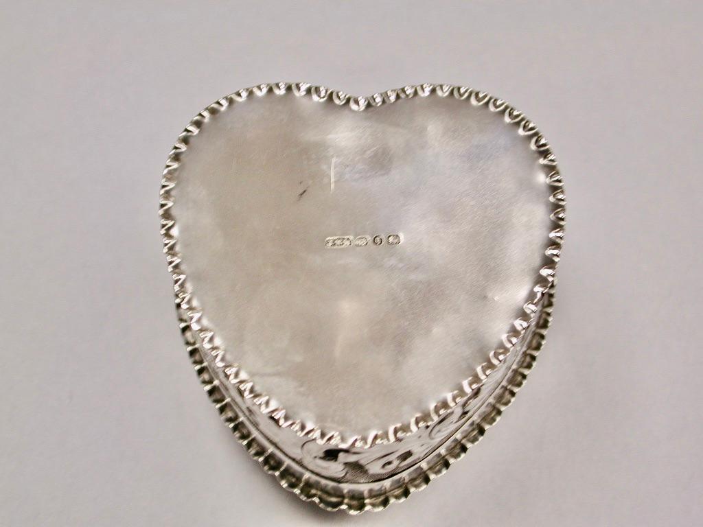 English Antique Victorian Silver Heart Shaped Embossed Trinket Box, 1890, Birmingham