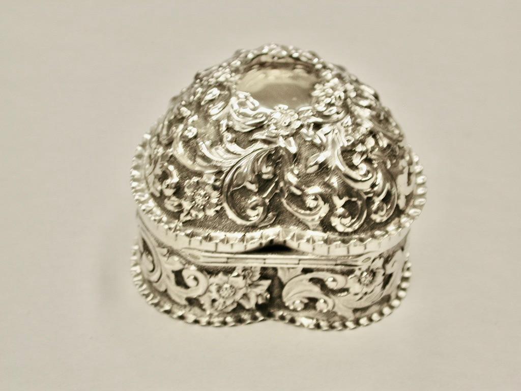 Sterling Silver Antique Victorian Silver Heart Shaped Embossed Trinket Box, 1890, Birmingham
