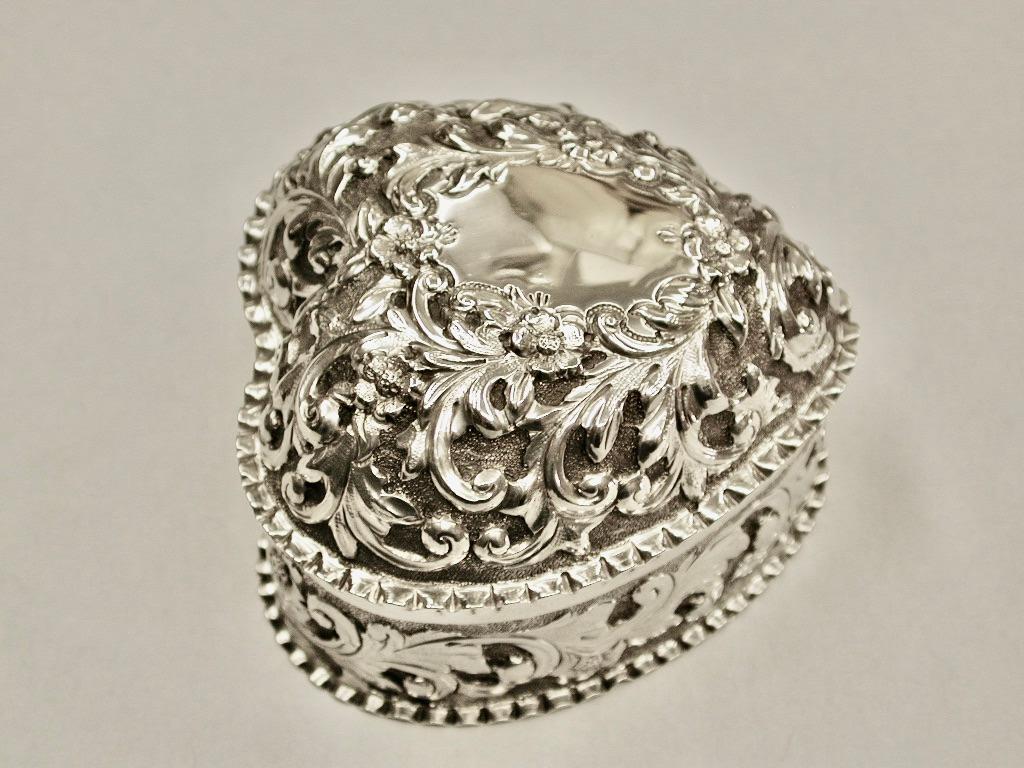 Antique Victorian Silver Heart Shaped Embossed Trinket Box, 1890, Birmingham 1