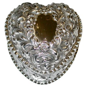 Antique Victorian Silver Heart Shaped Embossed Trinket Box, 1890, Birmingham