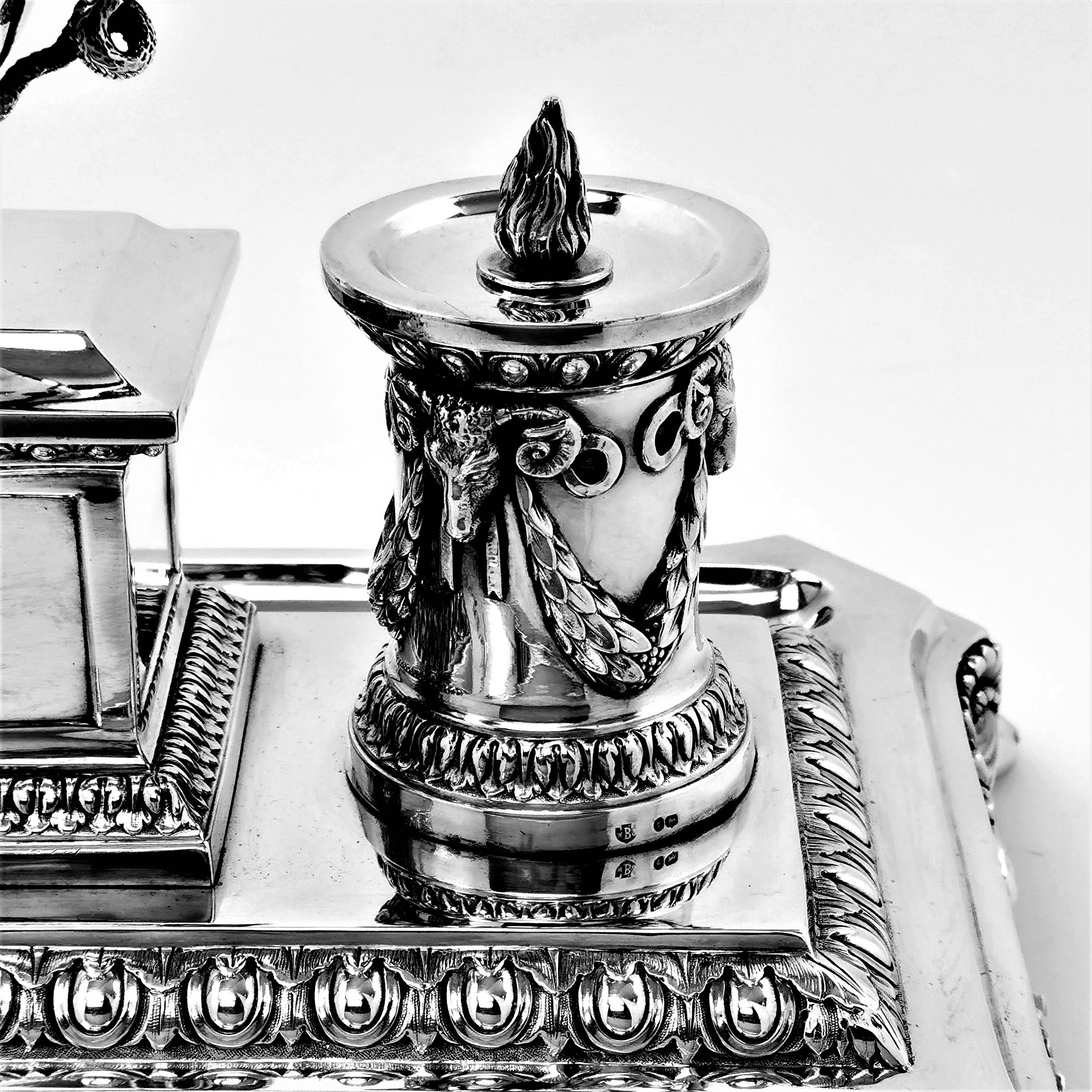 Antique Victorian Silver Inkstand 1880 Inkwell Desk Tidy Pen Tray 4