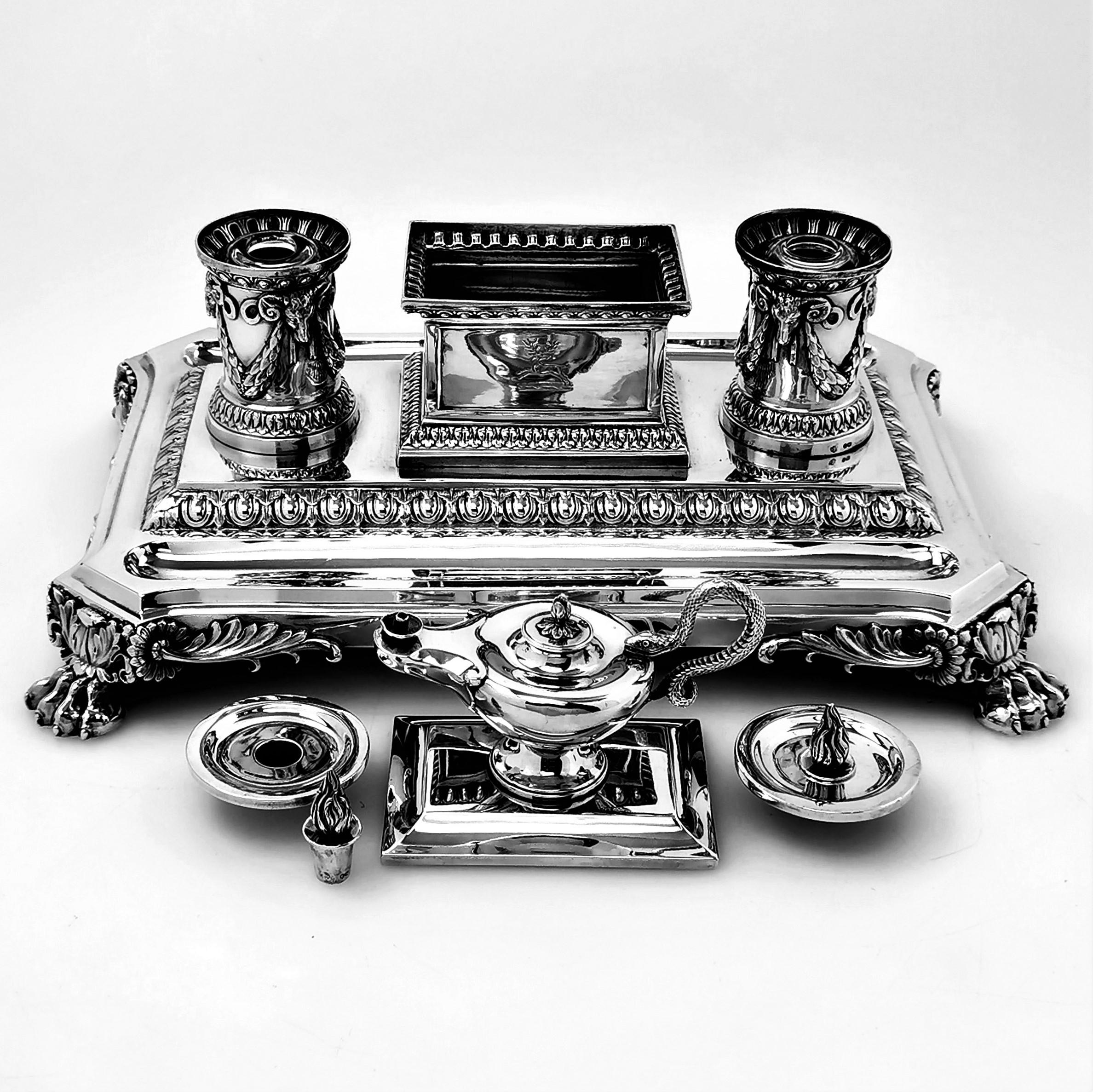 Antique Victorian Silver Inkstand 1880 Inkwell Desk Tidy Pen Tray In Good Condition In London, GB