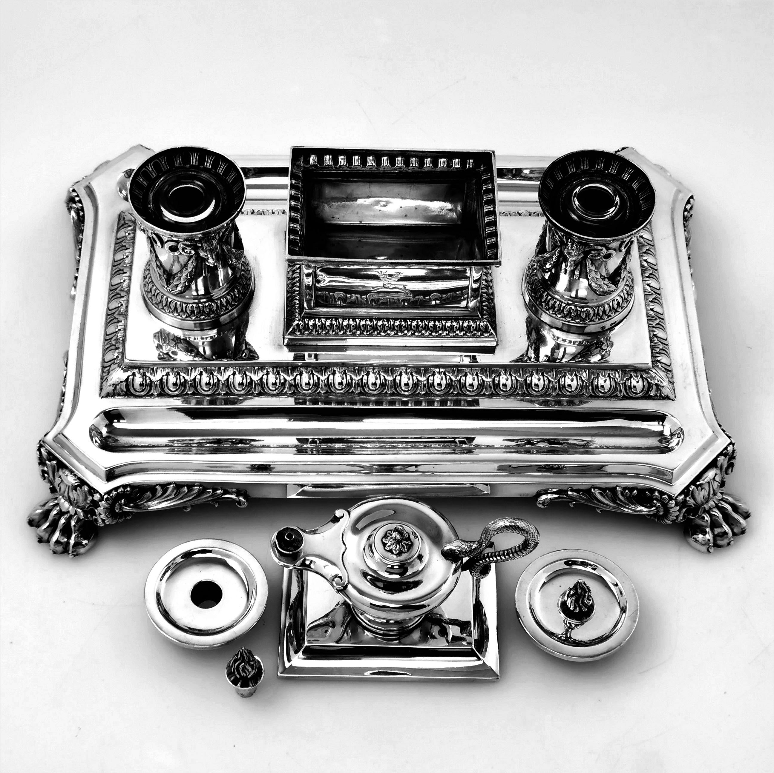 19th Century Antique Victorian Silver Inkstand 1880 Inkwell Desk Tidy Pen Tray