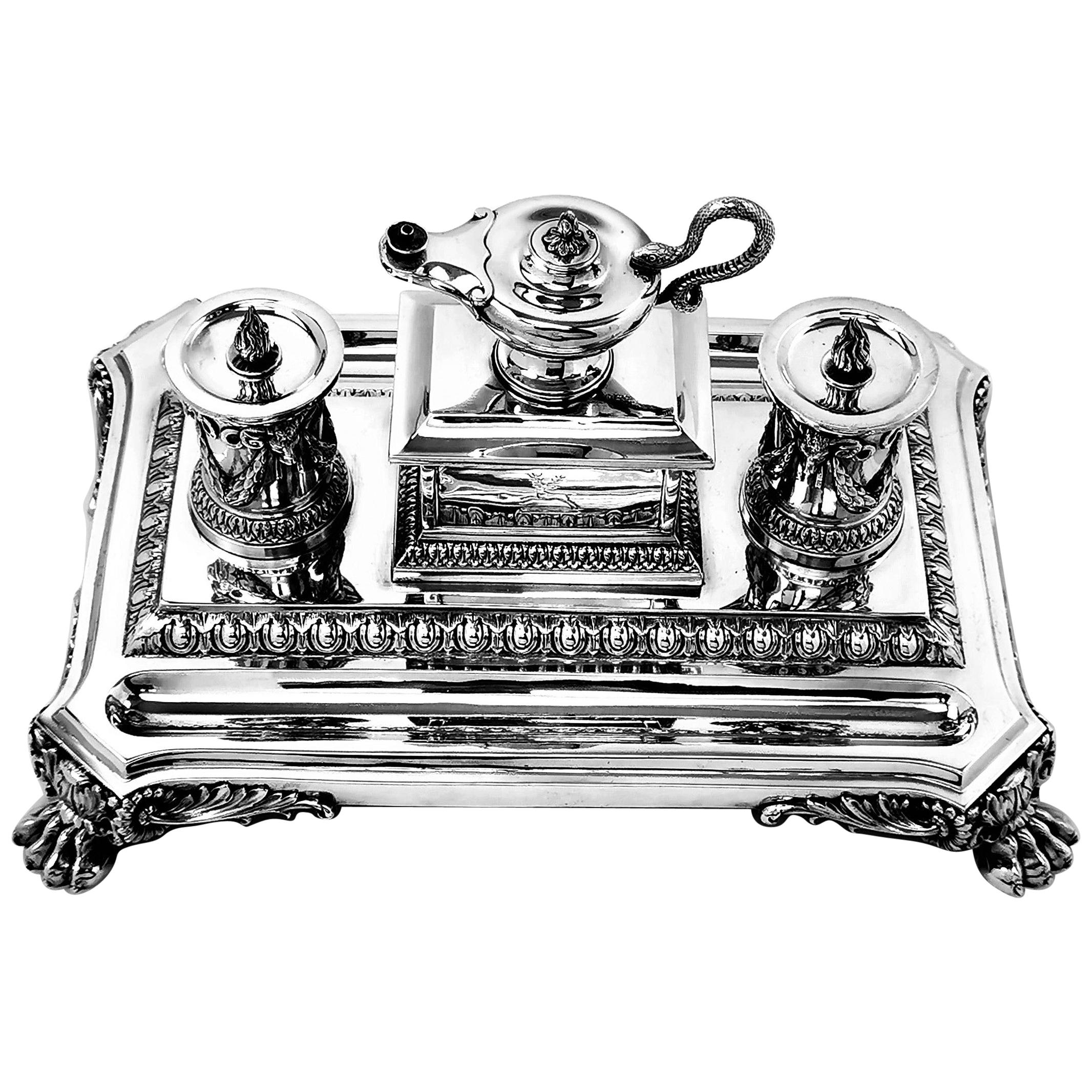 Antique Victorian Silver Inkstand 1880 Inkwell Desk Tidy Pen Tray