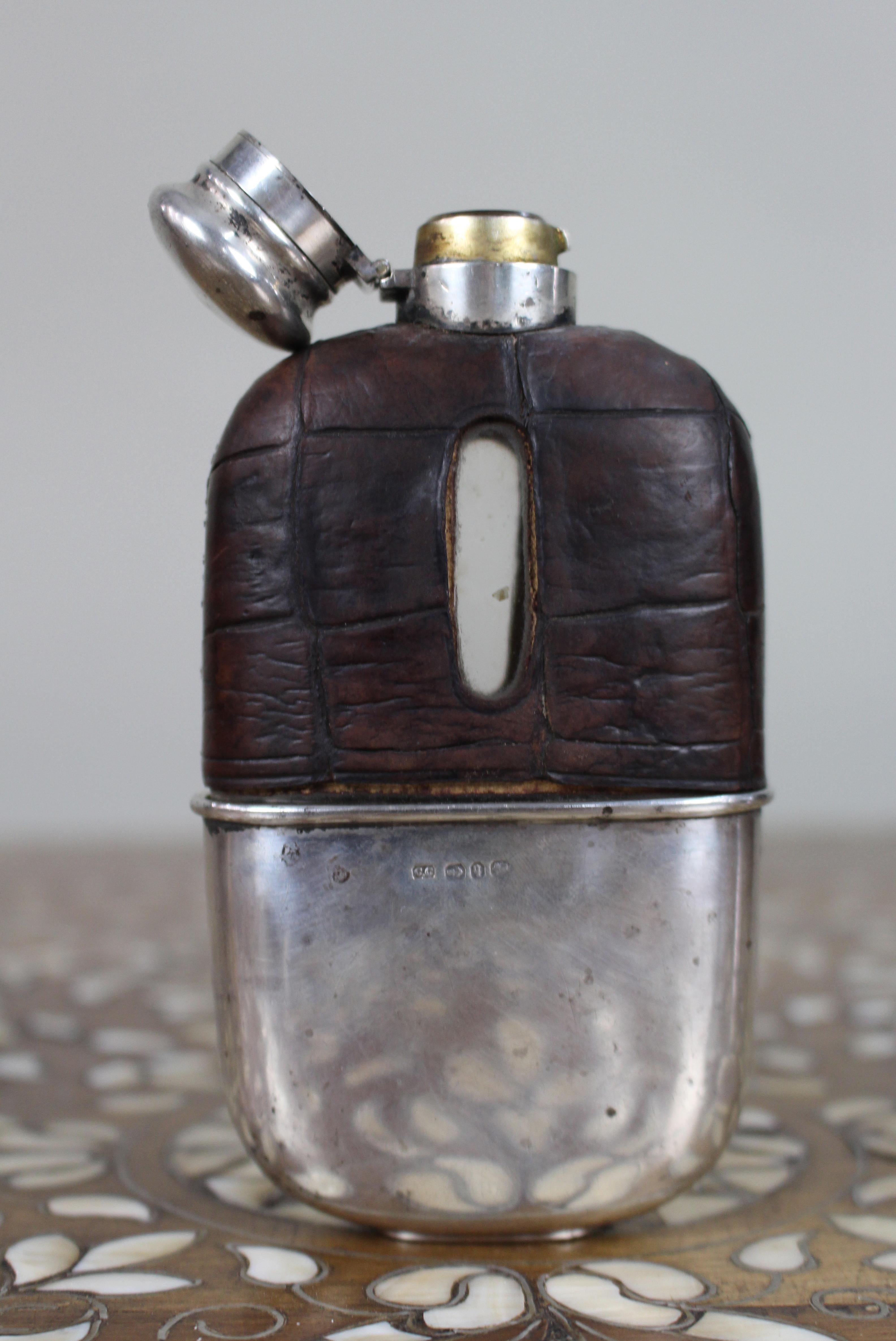 Antique Victorian Silver & Leather Hip Flask – Birmingham 1890/91 For Sale 3
