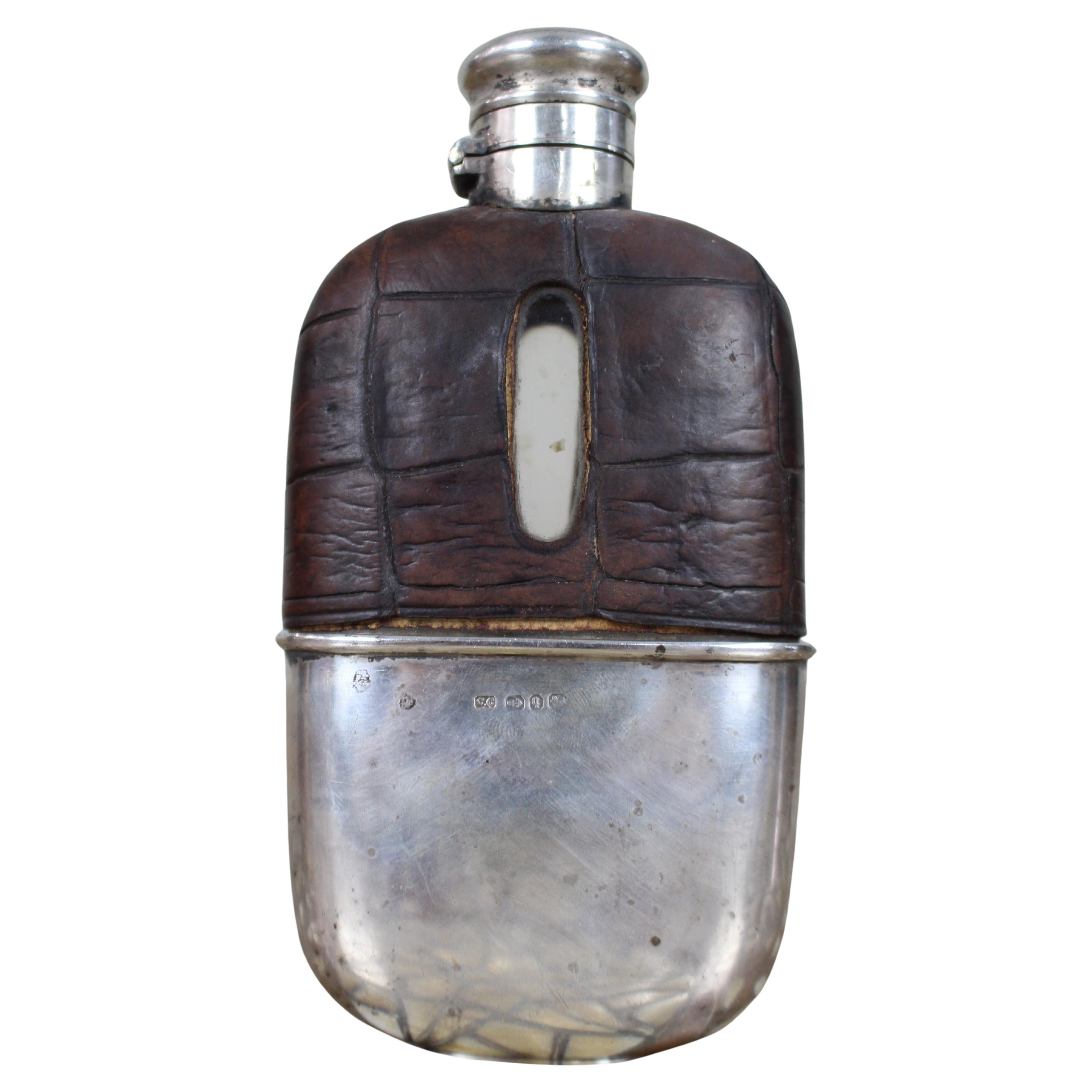 Antique Victorian Silver & Leather Hip Flask – Birmingham 1890/91 For Sale