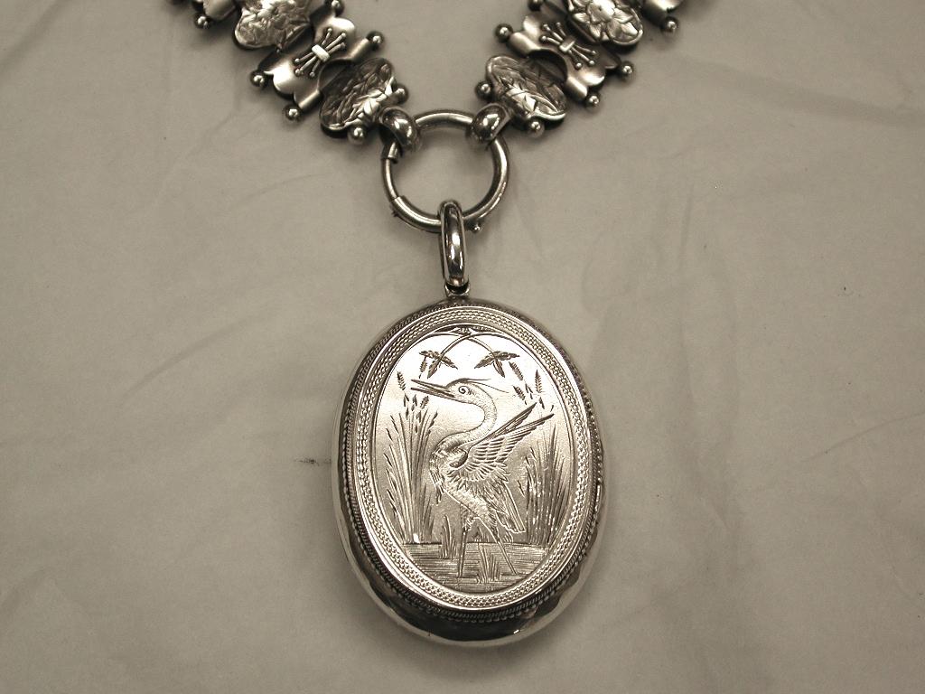 English Antique Victorian Silver Locket and Collar, circa 1880