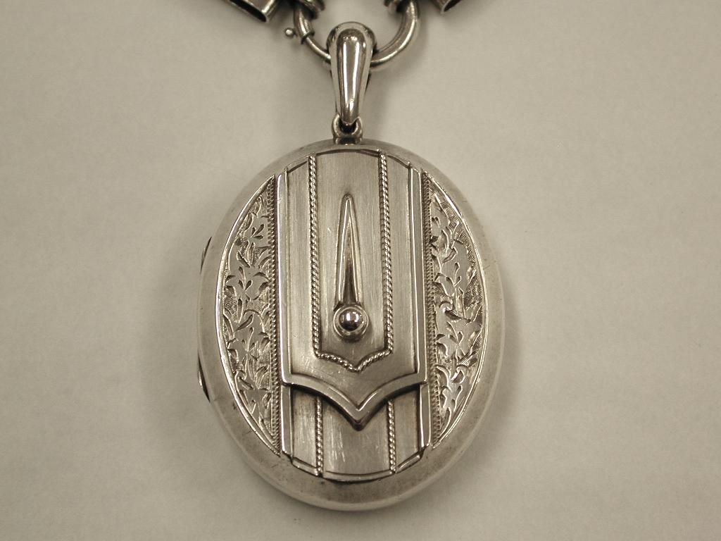 English Antique Victorian Silver Locket and Collar, Dated circa 1880
