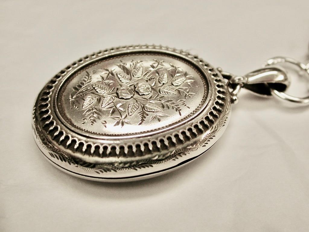 Women's Antique Victorian Silver Locket & Chain, Dated 1881, Ward & Francis For Sale