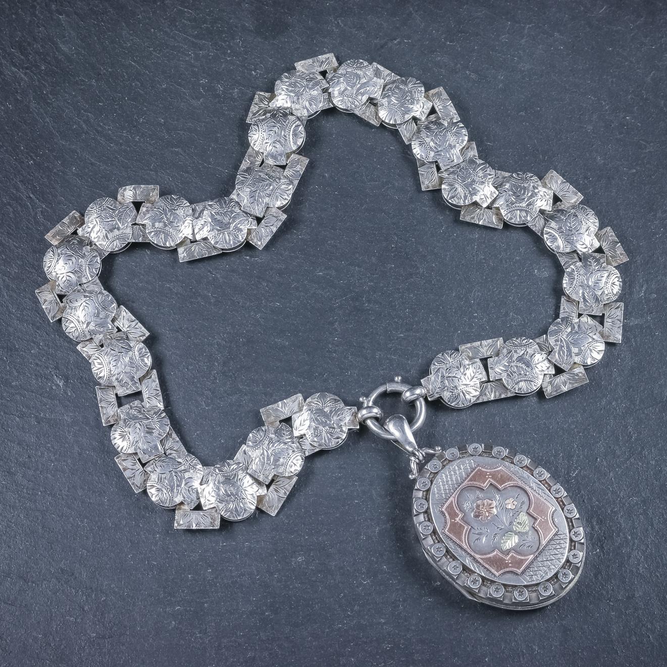Antique Victorian Silver circa 1860 Locket Collar Forget Me Not Necklace In Good Condition For Sale In Lancaster , GB